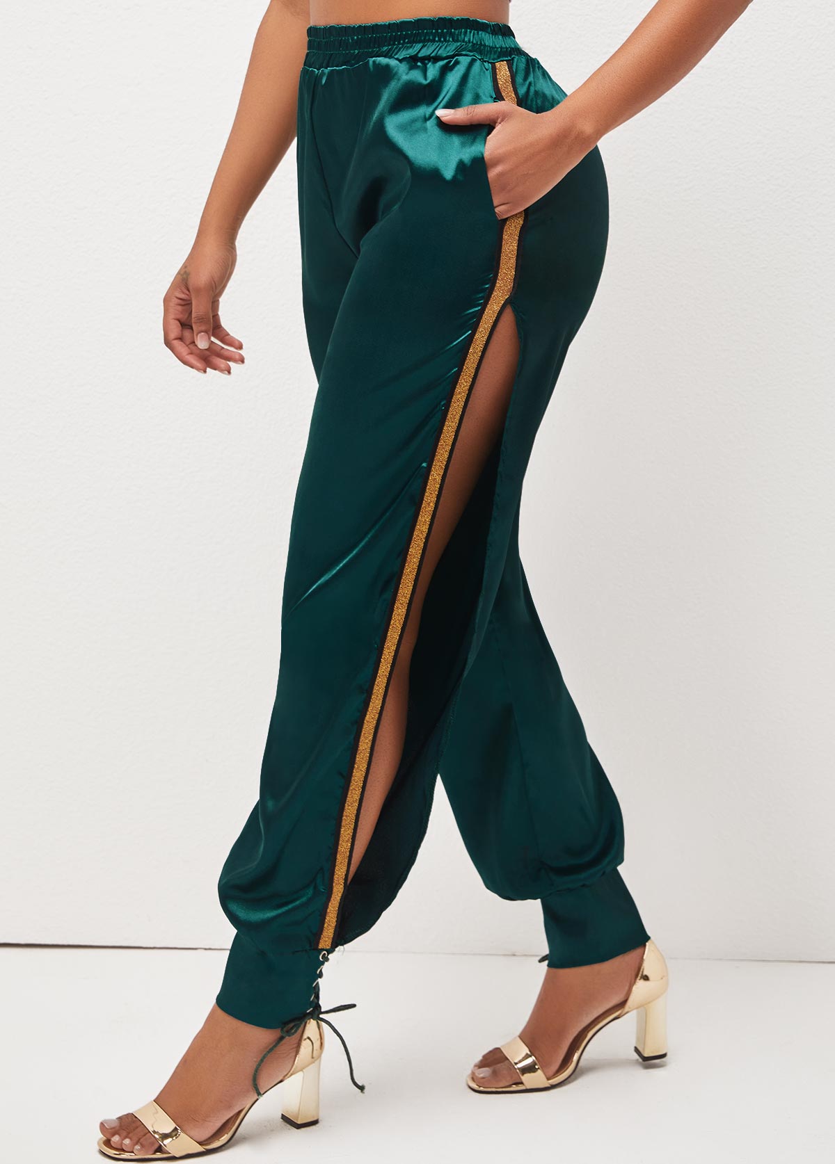 Blackish Green bottoms,Contrast Color bottoms,Lace Up Dark Green Side Slit Pants