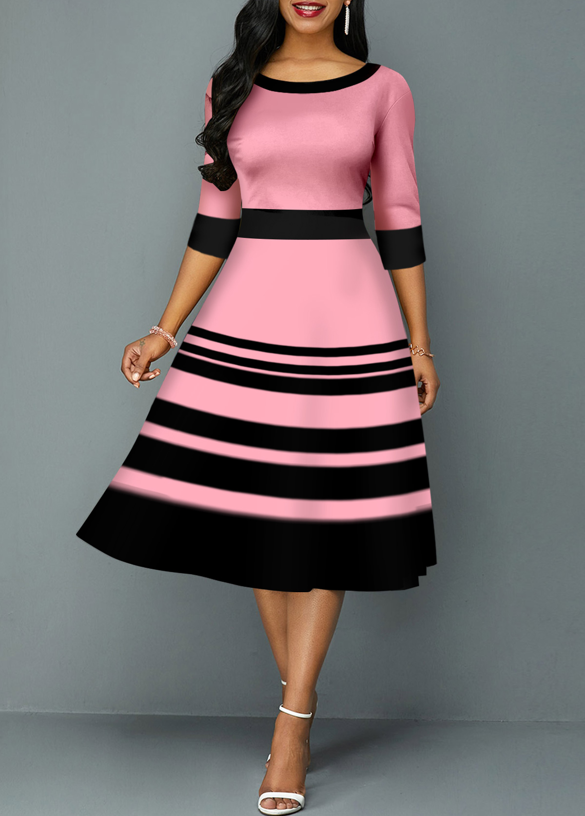 ROTITA Stripe Print Pink Round Neck Dress