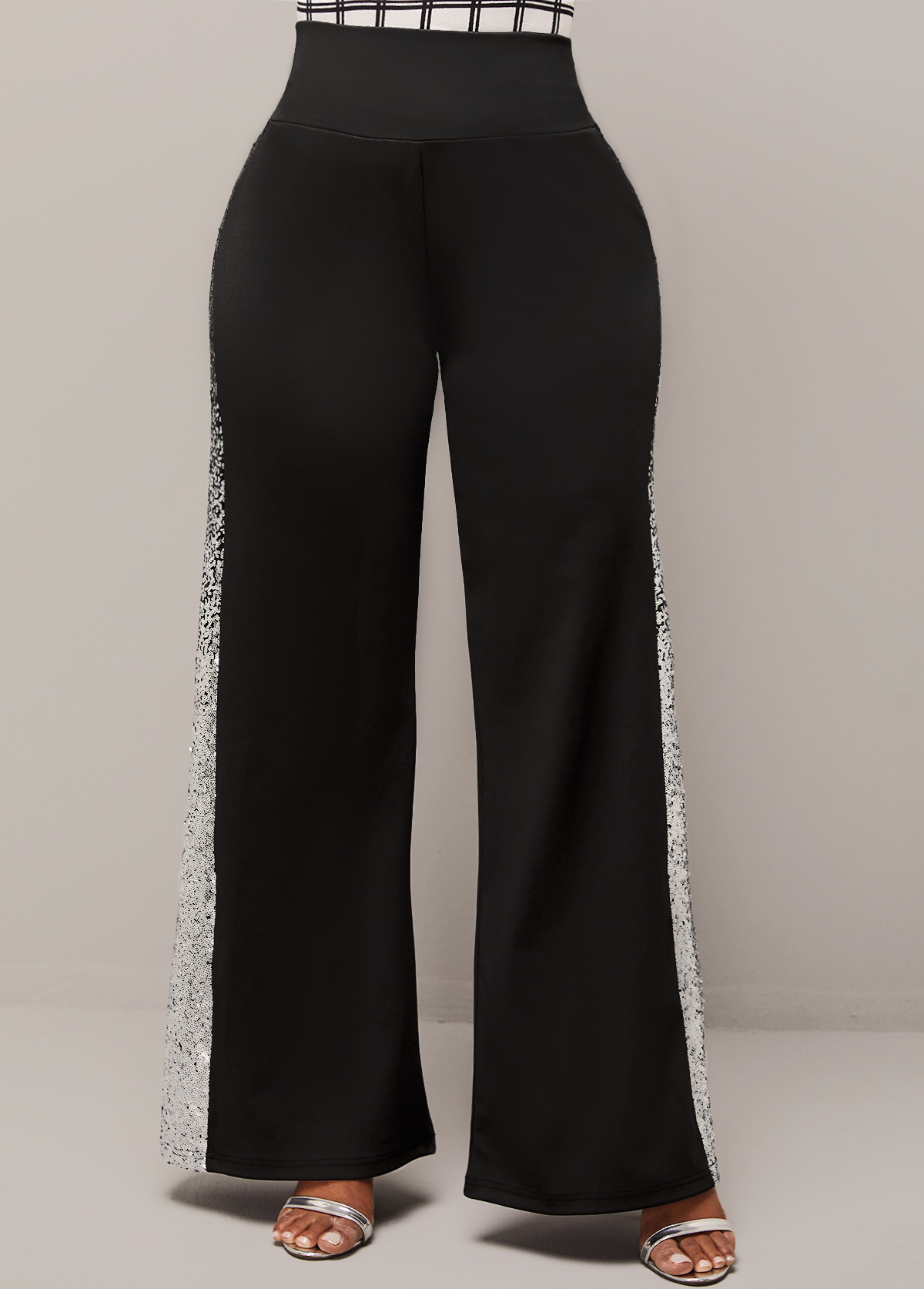 Black bottoms,Plain Color bottoms,ROTITA Black Sequin Ombre High Waisted Pants