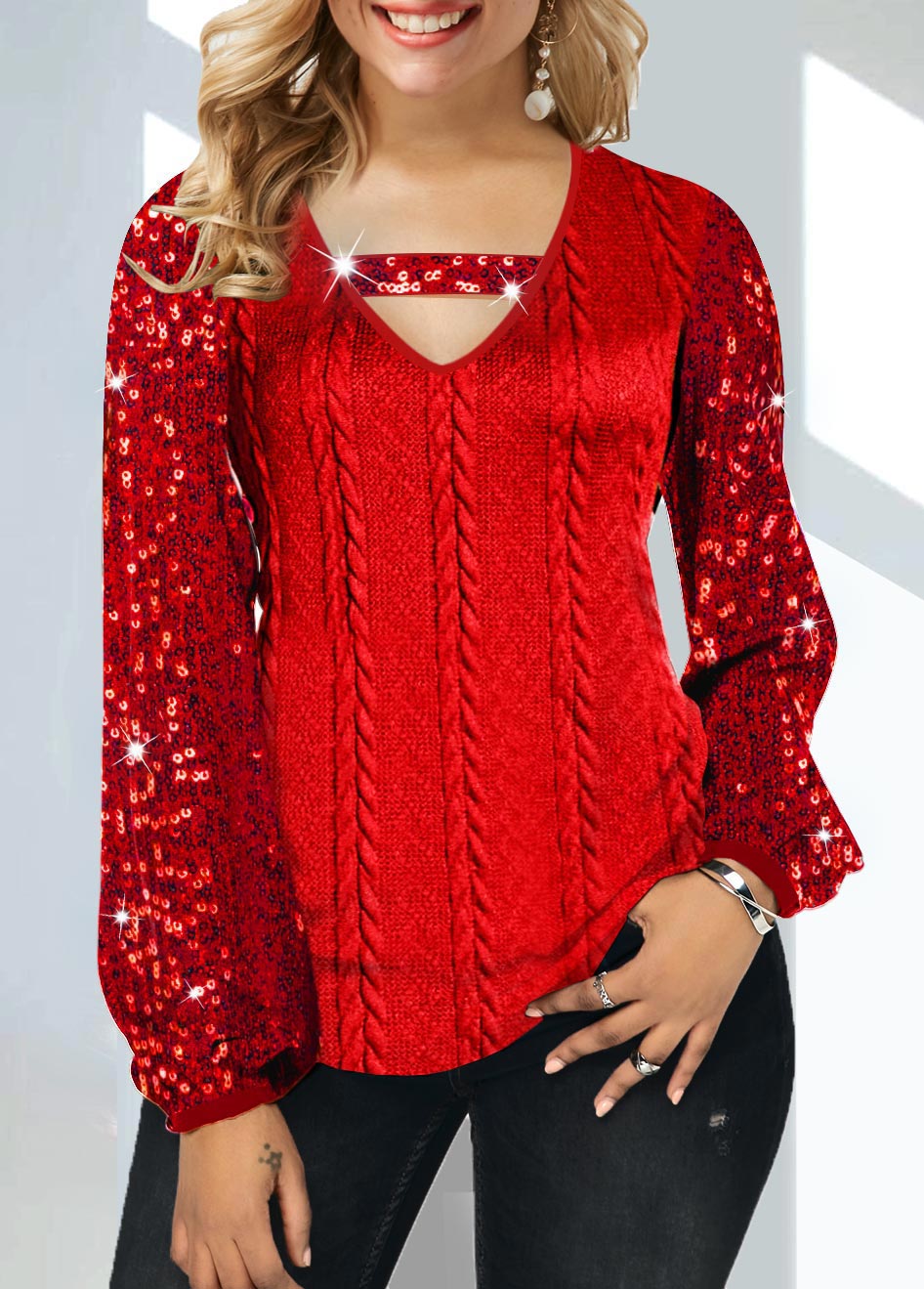 ROTITA Sequin Cutout Red V Neck T Shirt