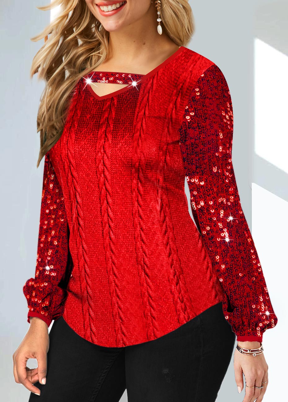 Red tops,Plain Color tops,ROTITA Sequin Cutout Red V Neck T Shirt