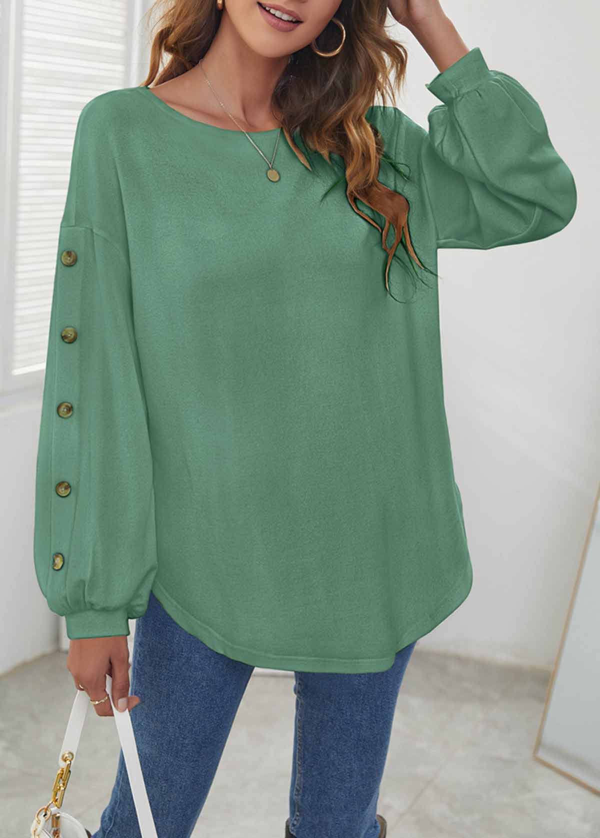 ROTITA Sage Green Decorative Button Long Sleeve T Shirt