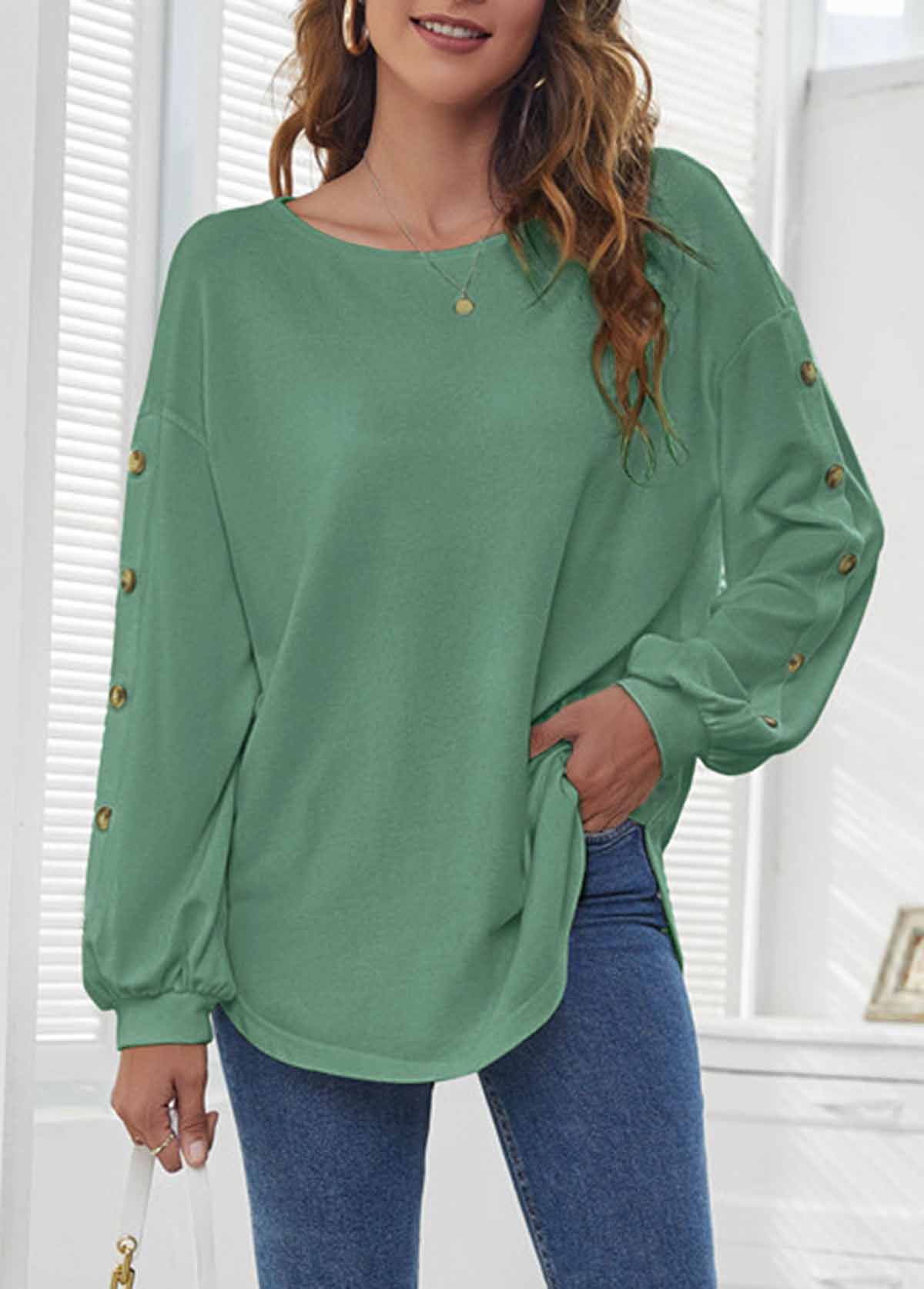 Sage Green tops,Plain Color tops,ROTITA Sage Green Decorative Button Long Sleeve T Shirt
