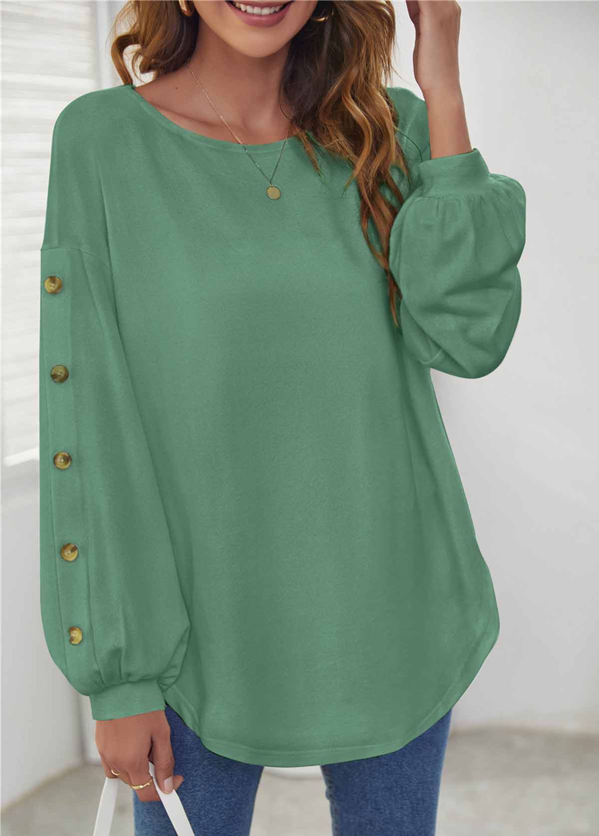 Sage Green tops,Plain Color tops,ROTITA Sage Green Decorative Button Long Sleeve T Shirt