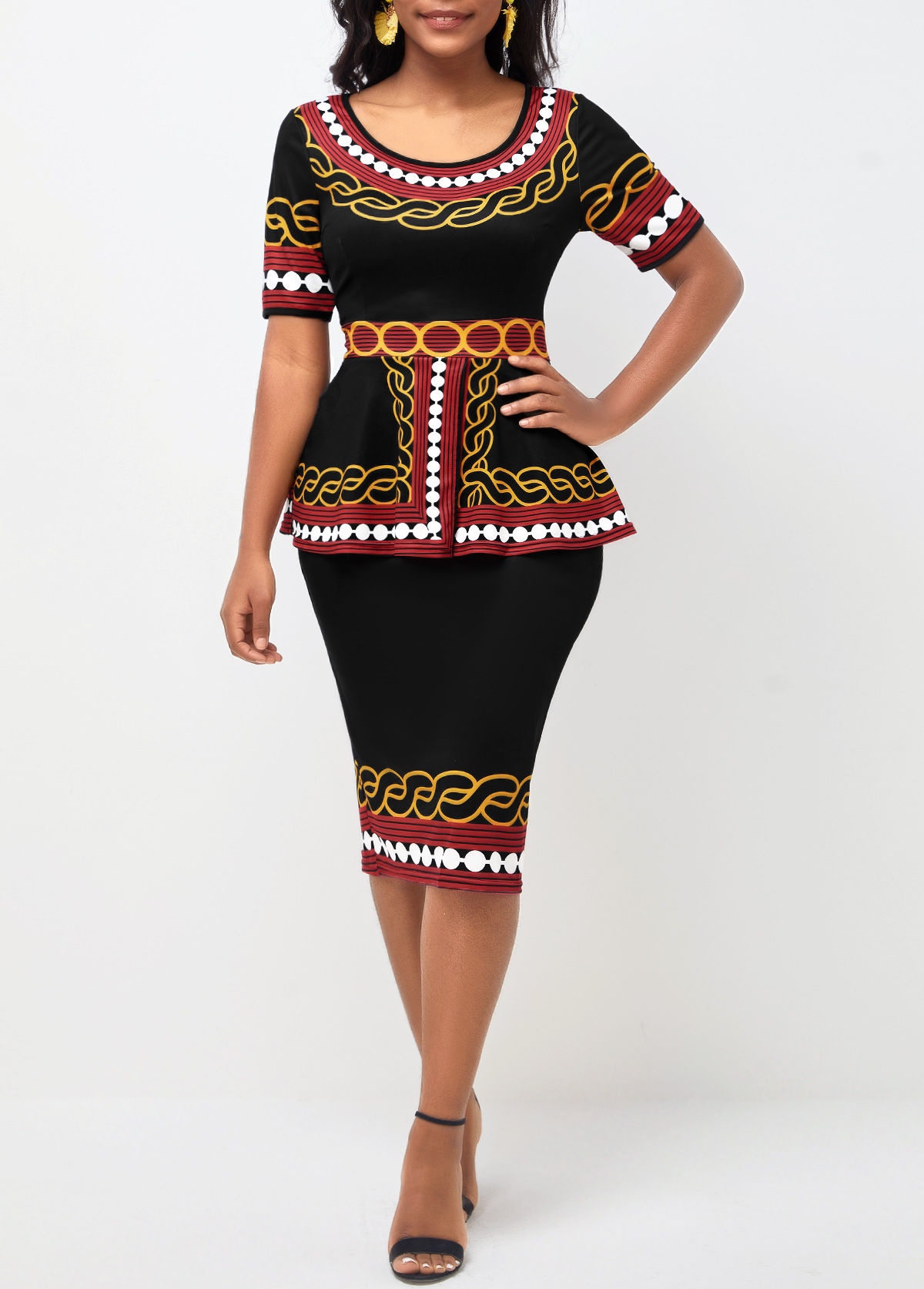 ROTITA Black Tribal Print Round Neck Peplum Waist Dress