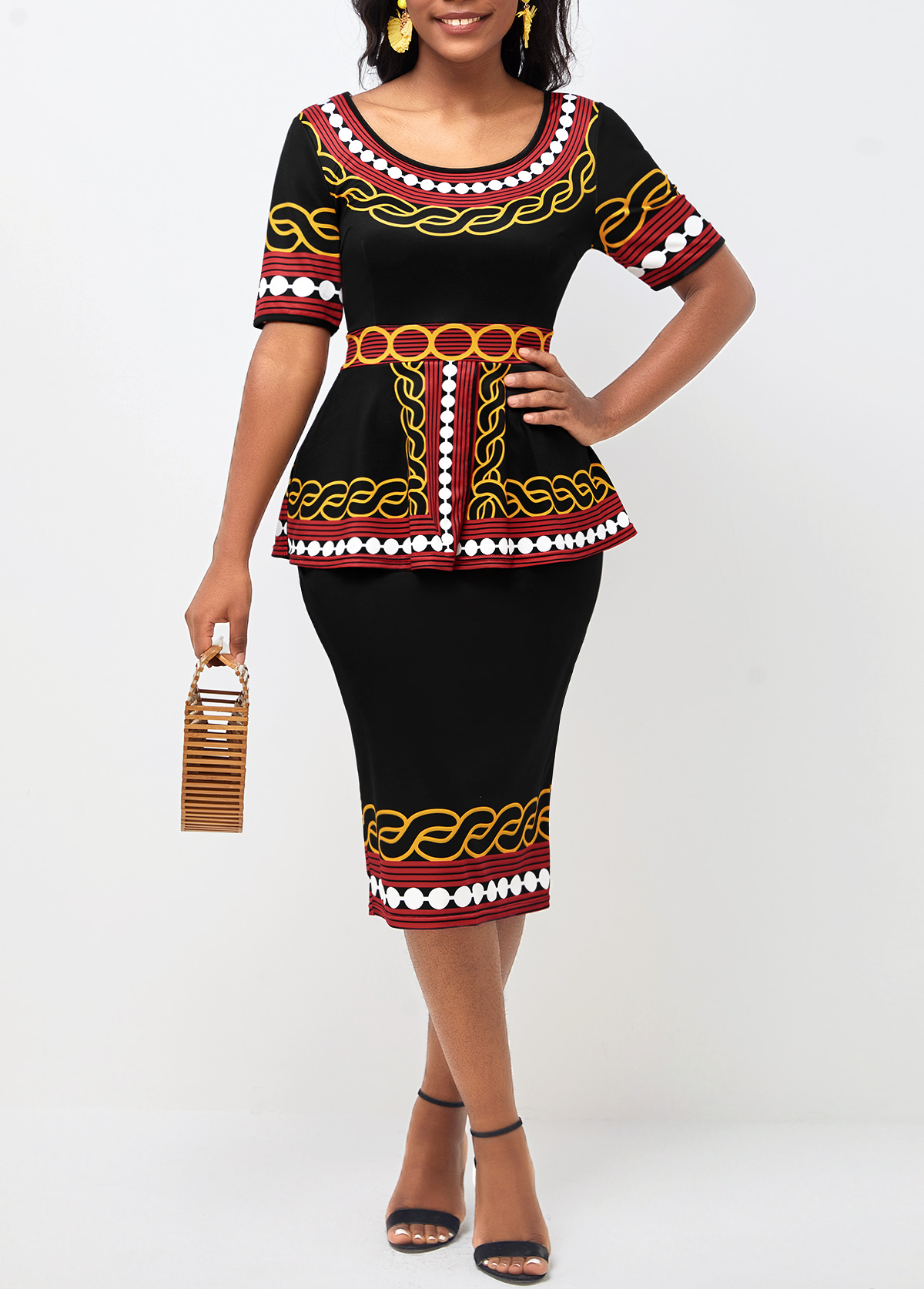 Deep Red dresses,Tribal dresses,ROTITA Black Tribal Print Round Neck Peplum Waist Dress