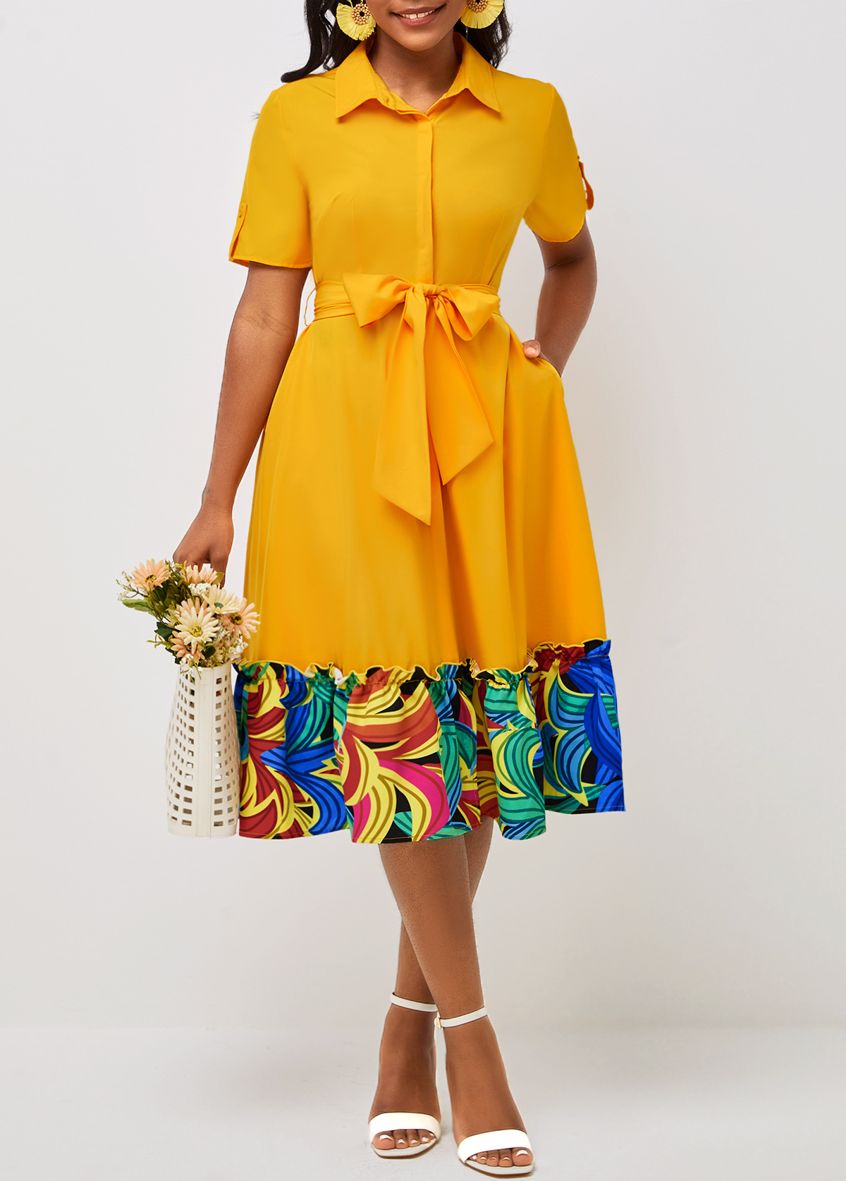 ROTITA Belted Yellow Short Sleeve Turndown Collar Dress