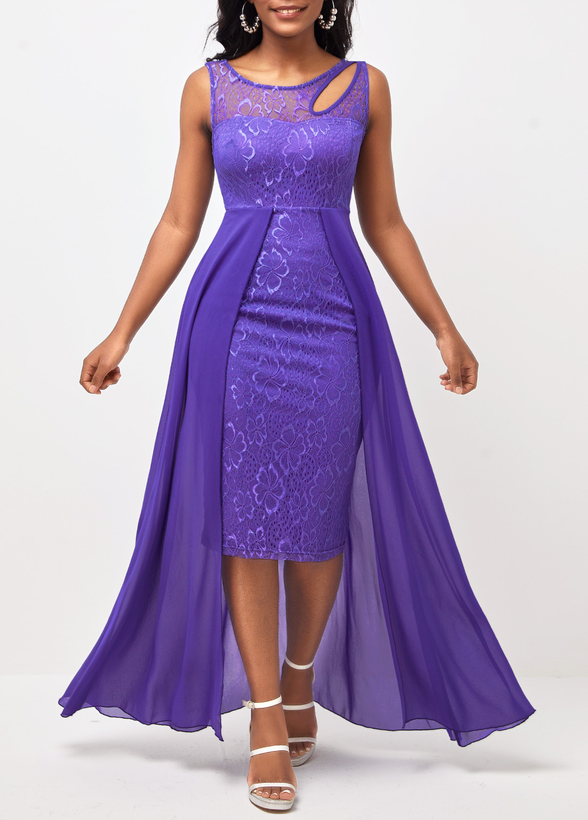 ROTITA Lavender Chiffon Cutout Lace Patchwork Dress