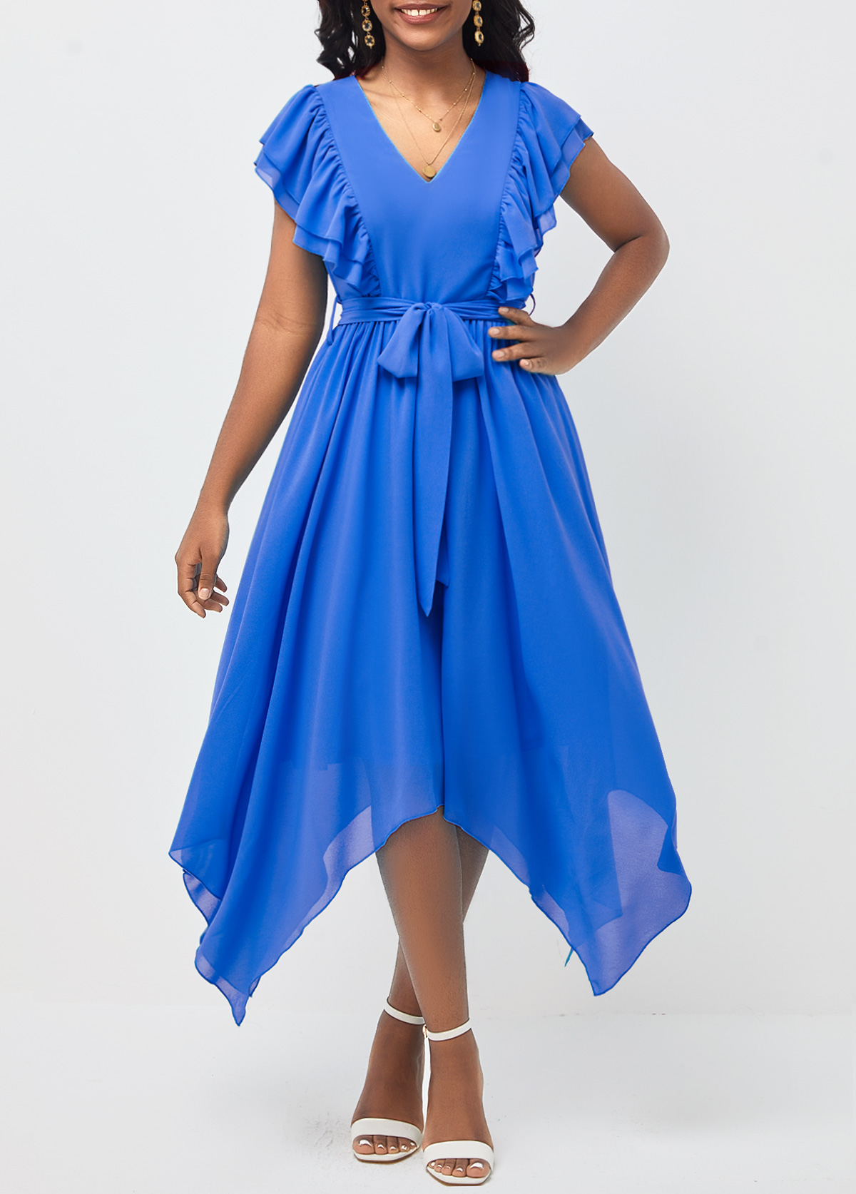 ROTITA Belted Blue Asymmetric Hem V Neck Dress