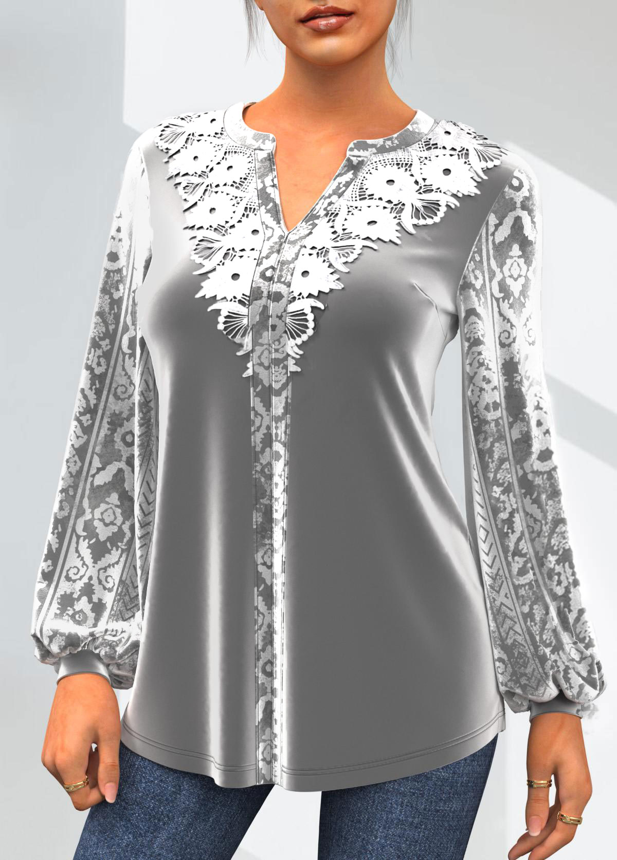 Grey tops,Plain Color tops,ROTITA Grey Velvet Stitching Lace Patchwork T Shirt