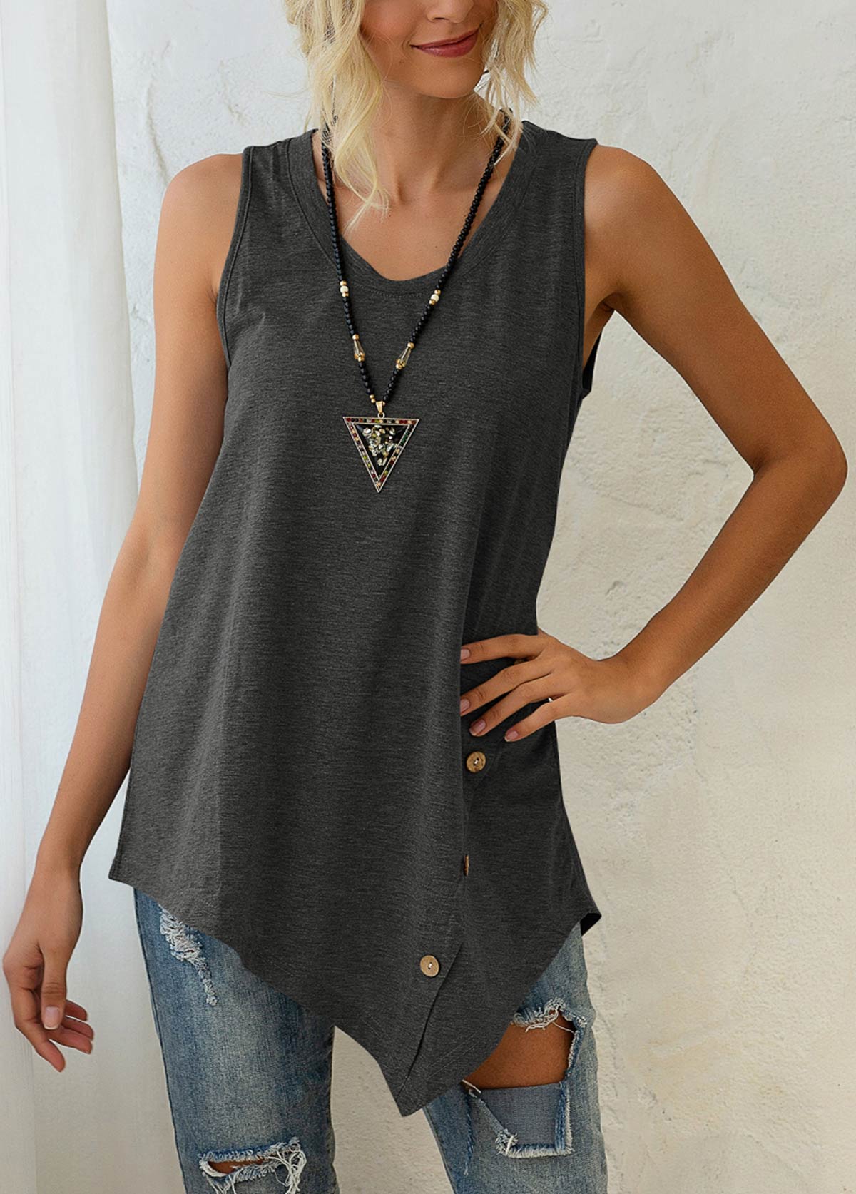 Dark Grey tops,Asymmetric Hem Dark Grey Decorative Button Tank Top