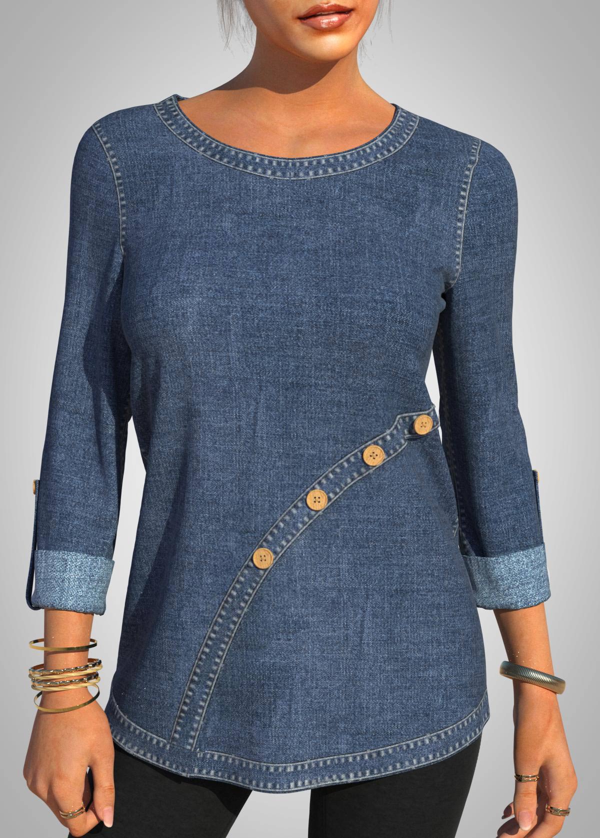 Denim Blue tops,Plain Color tops,ROTITA Decorative Button Denim Blue Round Neck T Shirt