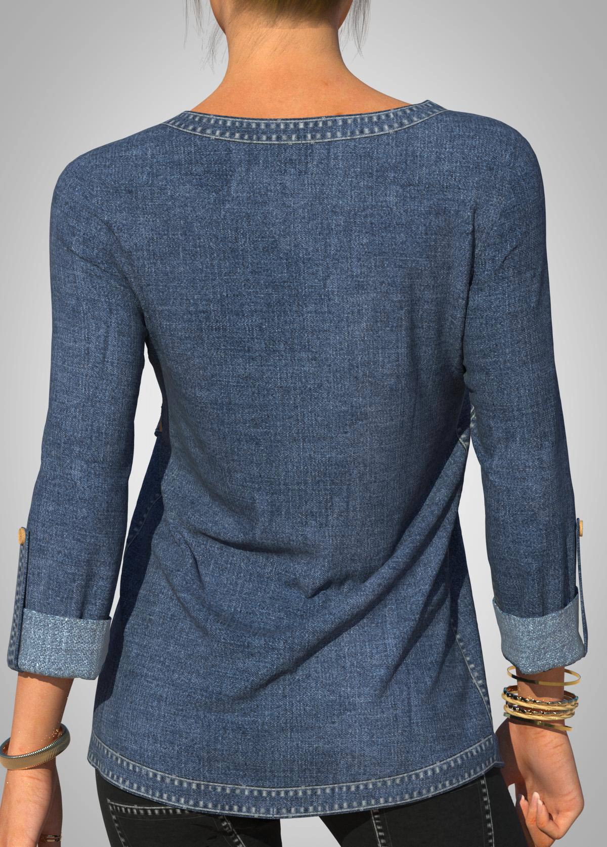 Denim Blue tops,Plain Color tops,ROTITA Decorative Button Denim Blue Round Neck T Shirt