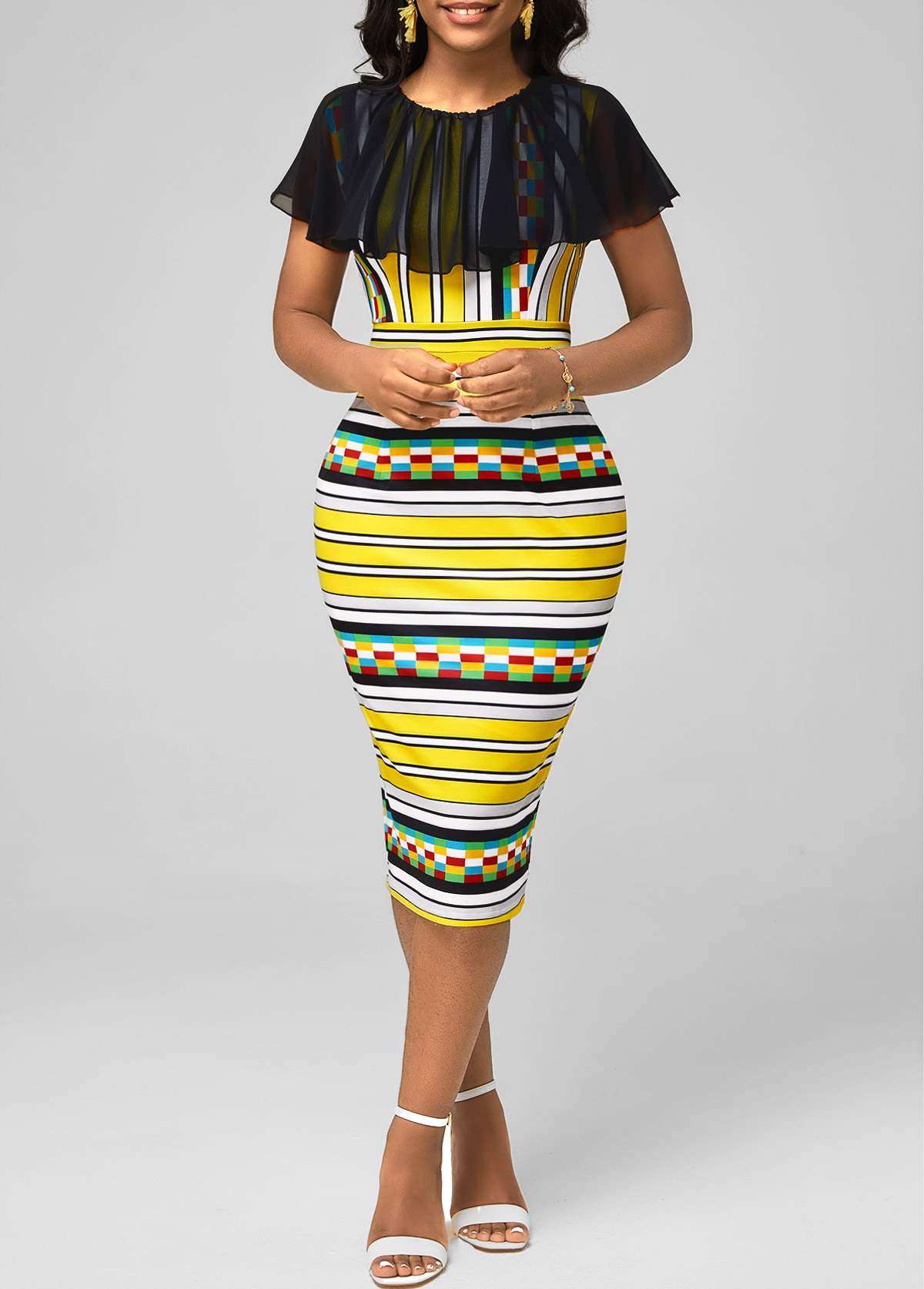 Multi Color dresses,Striped dresses,ROTITA Chiffon Panel Striped Multi Color Bodycon Dress