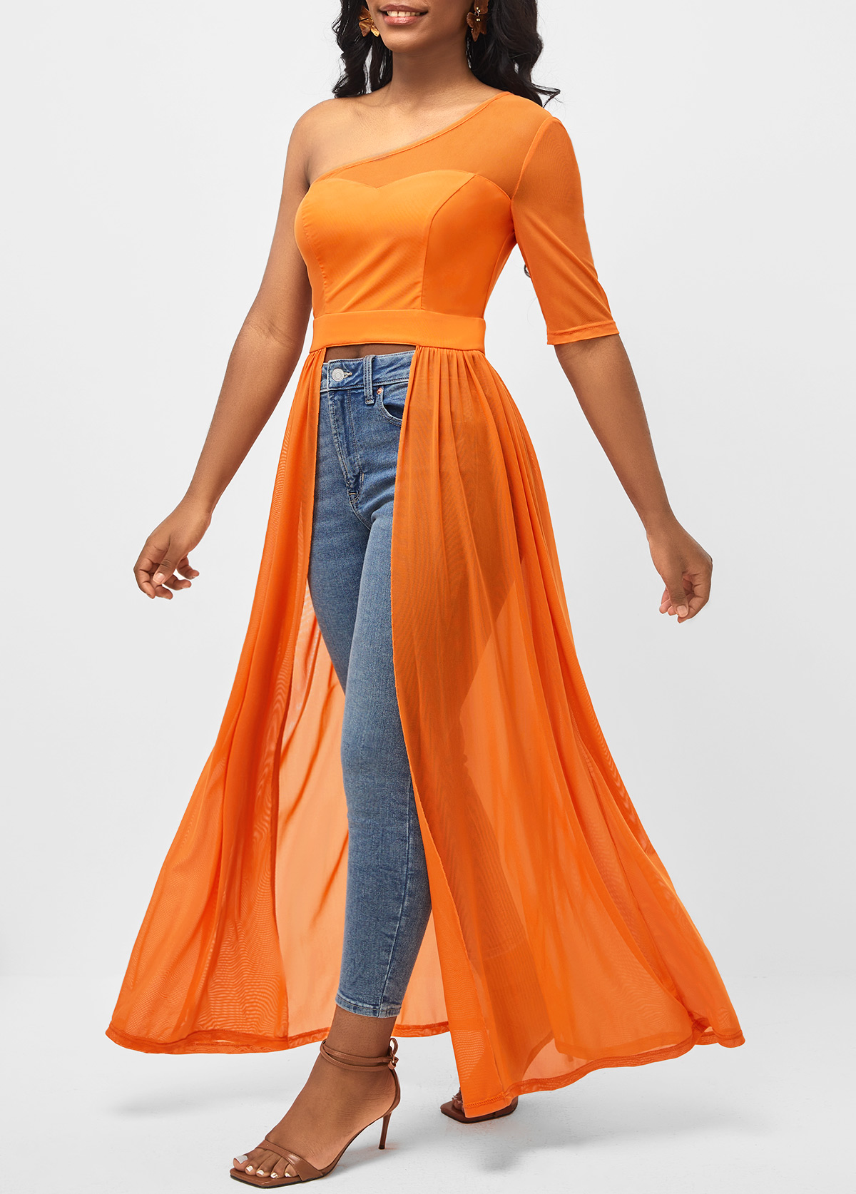 Orange tops,Plain Color tops,ROTITA Orange Fabric Stitching Skew Neck Blouse