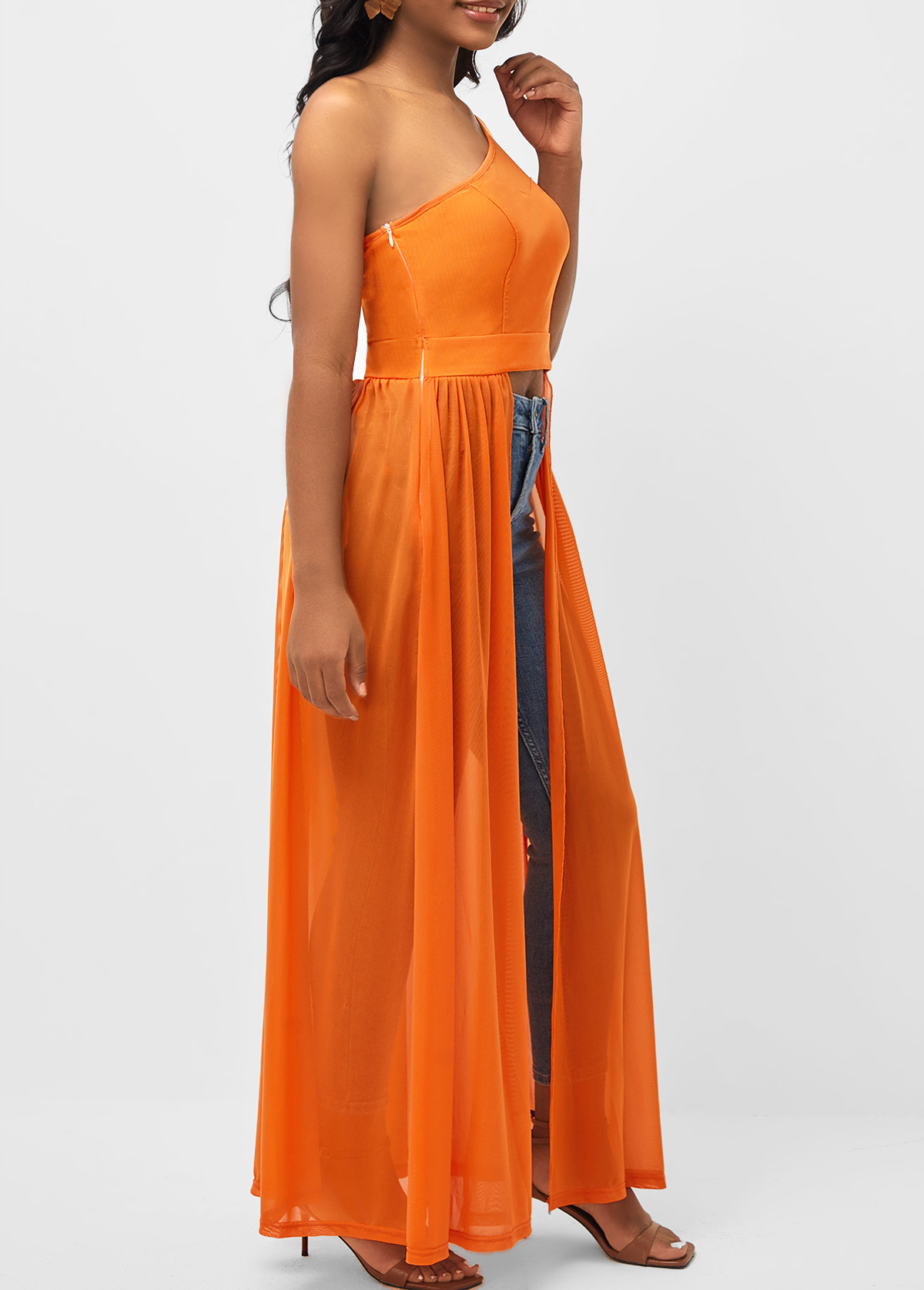 Orange tops,Plain Color tops,ROTITA Orange Fabric Stitching Skew Neck Blouse