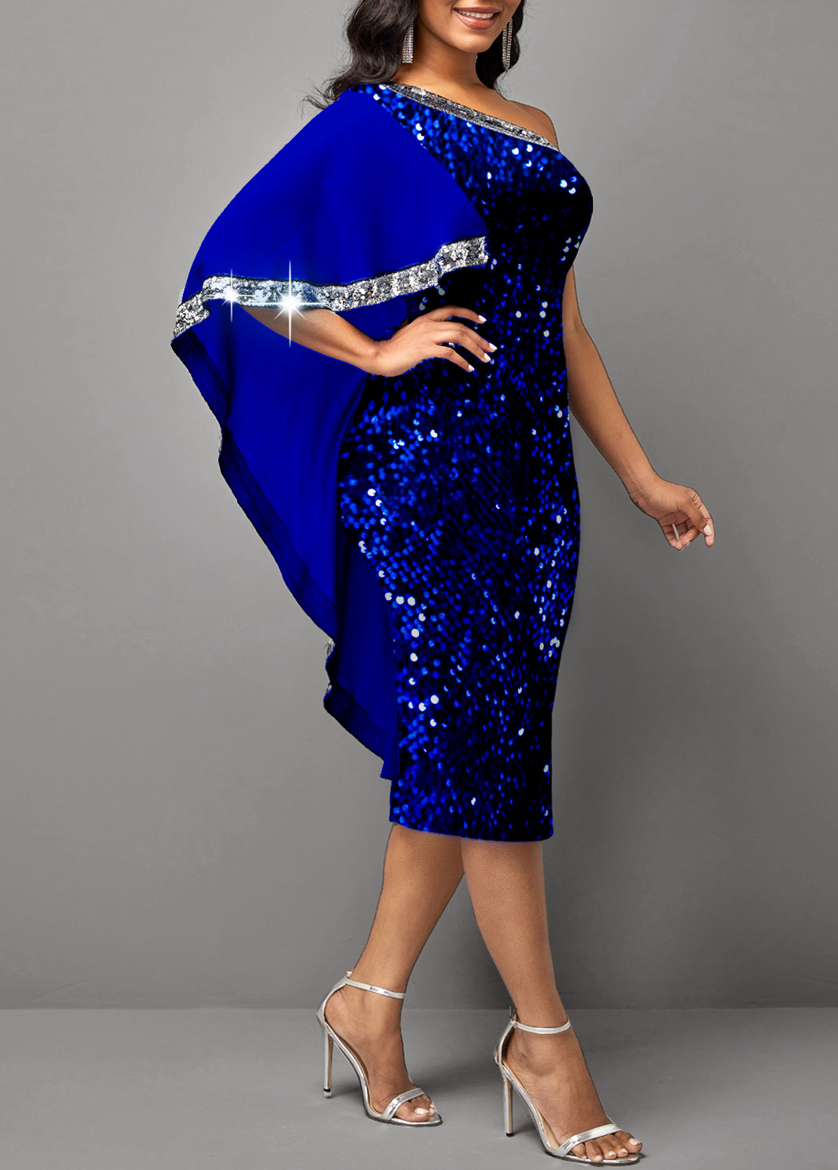 Royal Blue dresses,Contrast Color dresses,Party dresses,Elegant dresses,ROTITA Skew Neck Sequin Royal Blue Dress
