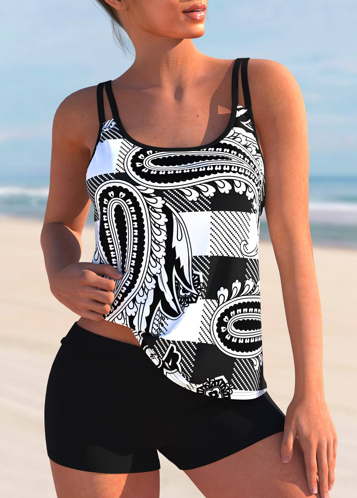 Black swimwear,Plaid swimwear,ROTITA Paisley Print Black Double Straps Tankini Top