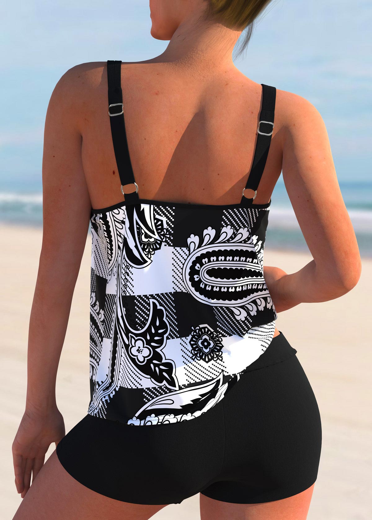 Black swimwear,Plaid swimwear,ROTITA Paisley Print Black Double Straps Tankini Top