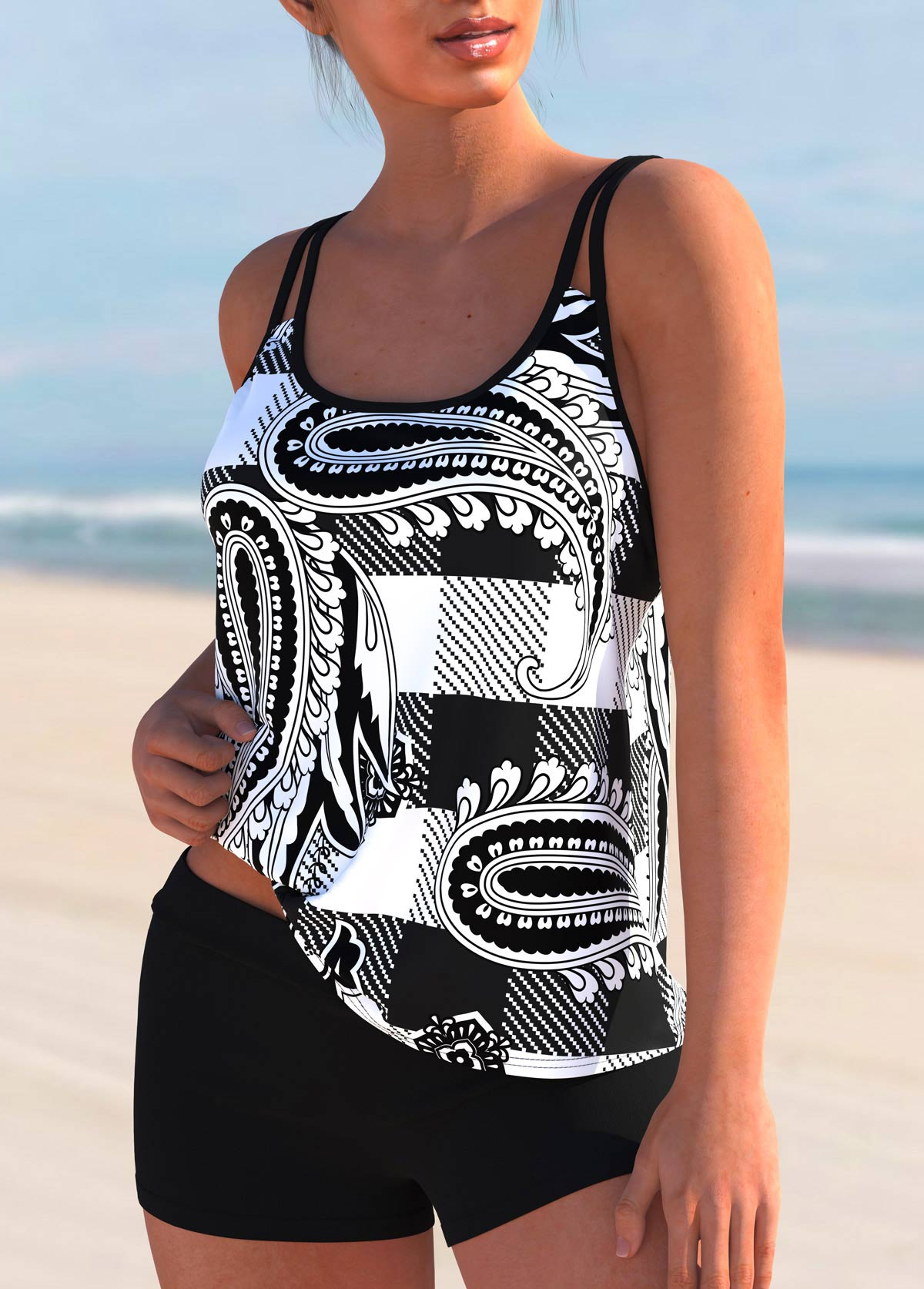 Black swimwear,Plaid swimwear,ROTITA Paisley Print Black Double Straps Tankini Top