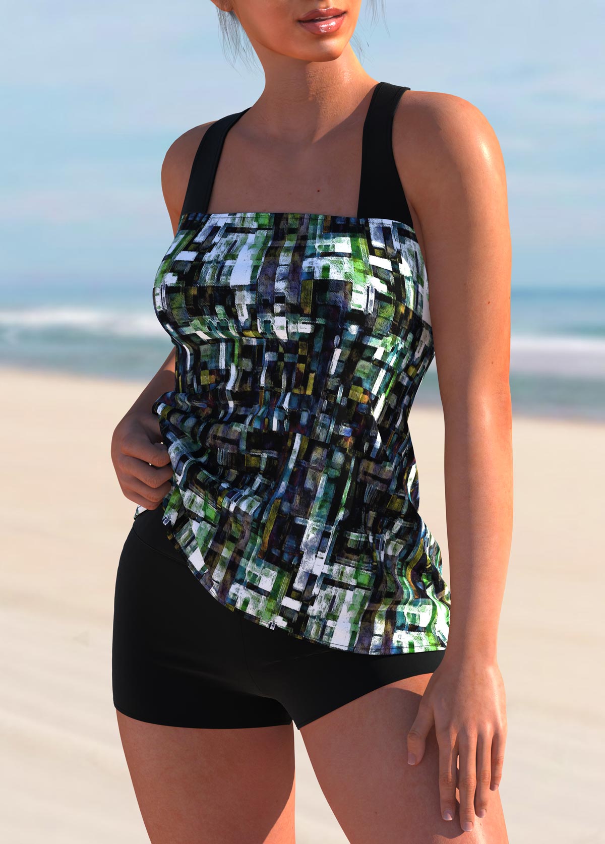 Multi Color swimwear,Geometric swimwear,ROTITA Brush Stroke Print Cross Strap Tankini Top