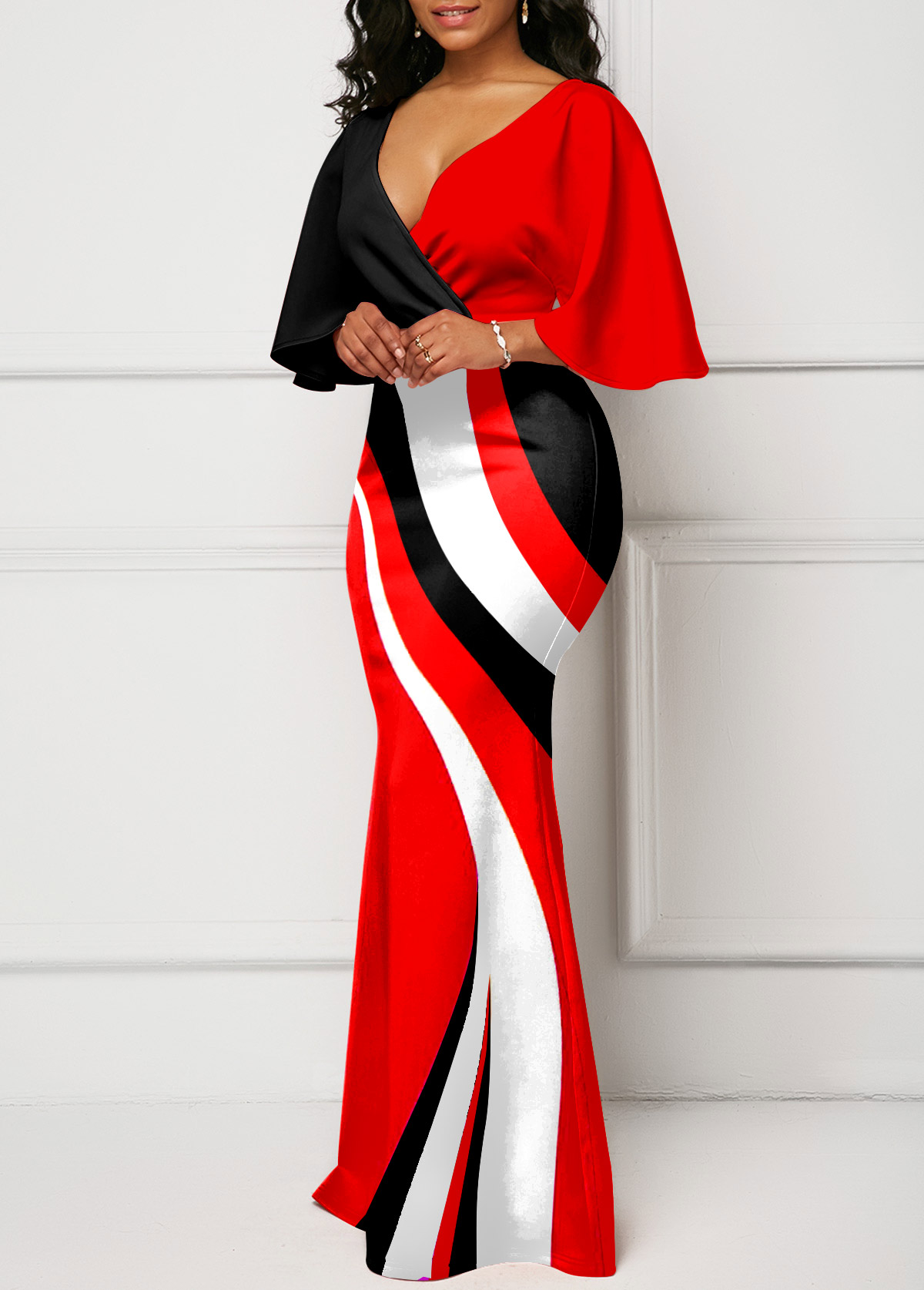 Red dresses,Geometric dresses,ROTITA Red Geometric Print V Neck Maxi Dress
