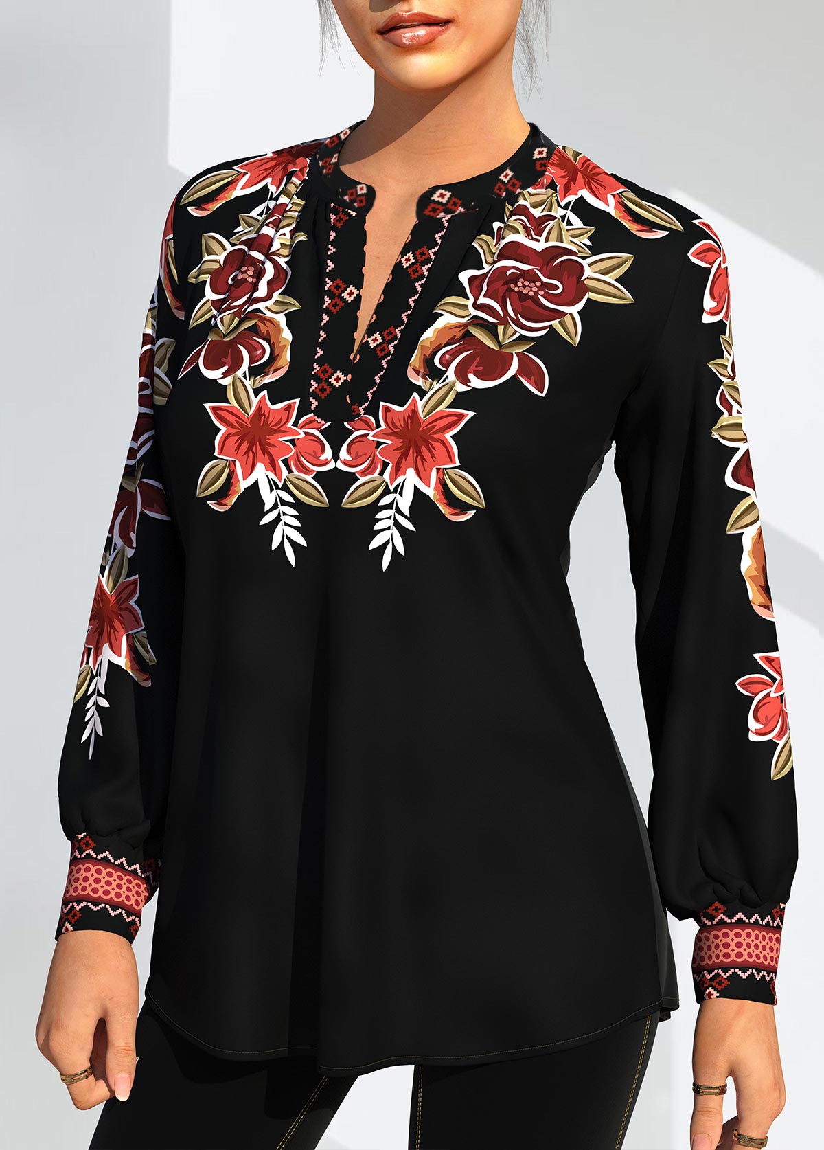 Black tops,Tribal tops,ROTITA Tribal Print Black Long Sleeve Blouse
