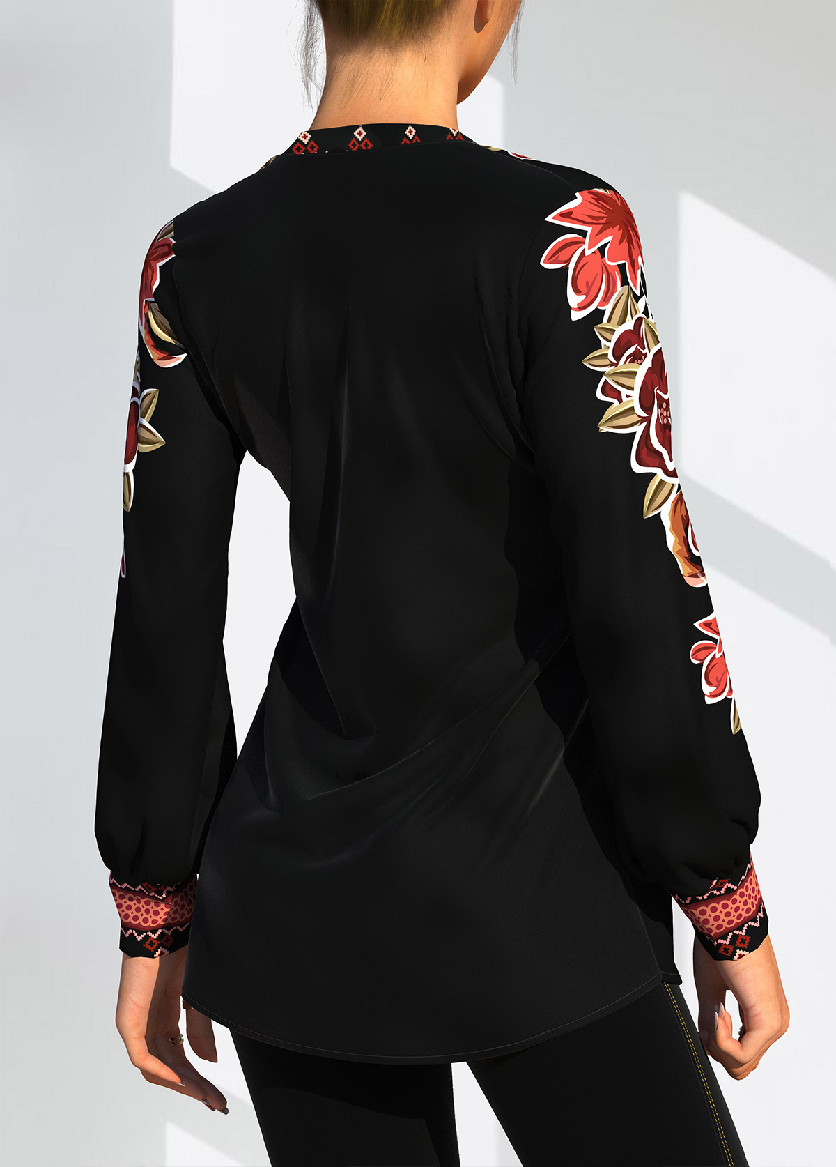 Black tops,Tribal tops,ROTITA Tribal Print Black Long Sleeve Blouse