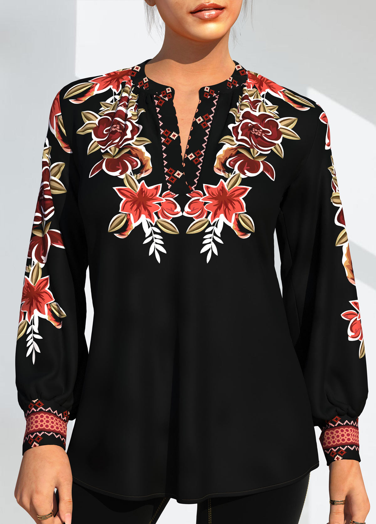 Black tops,Tribal tops,ROTITA Tribal Print Black Long Sleeve Blouse