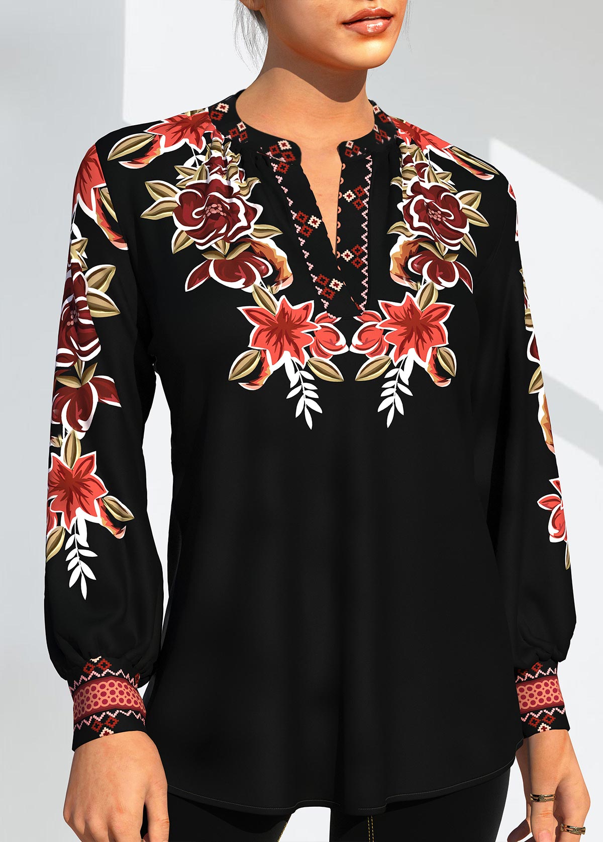 Black tops,Tribal tops,ROTITA Tribal Print Black Long Sleeve Blouse