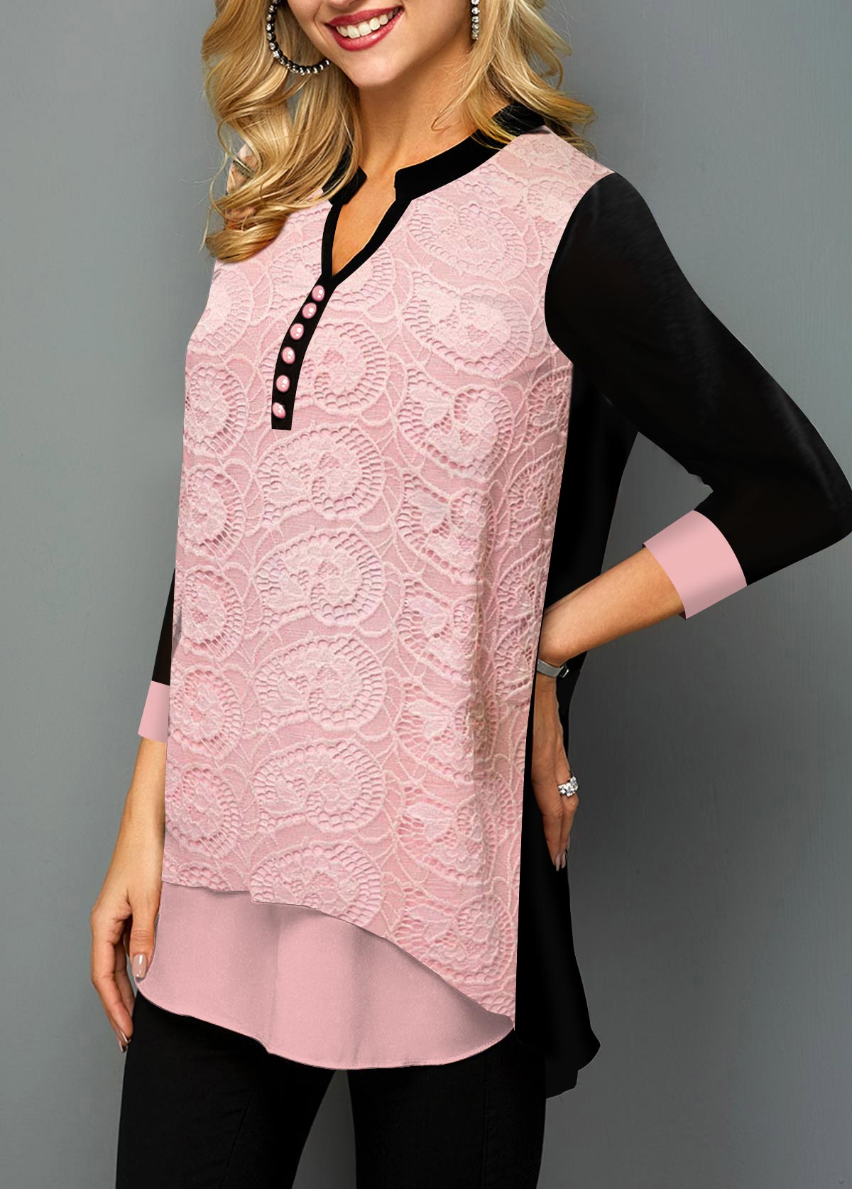 Pink tops,Contrast Color tops,ROTITA Valentines Pink Paisley Lace Stitching Split Neck Blouse