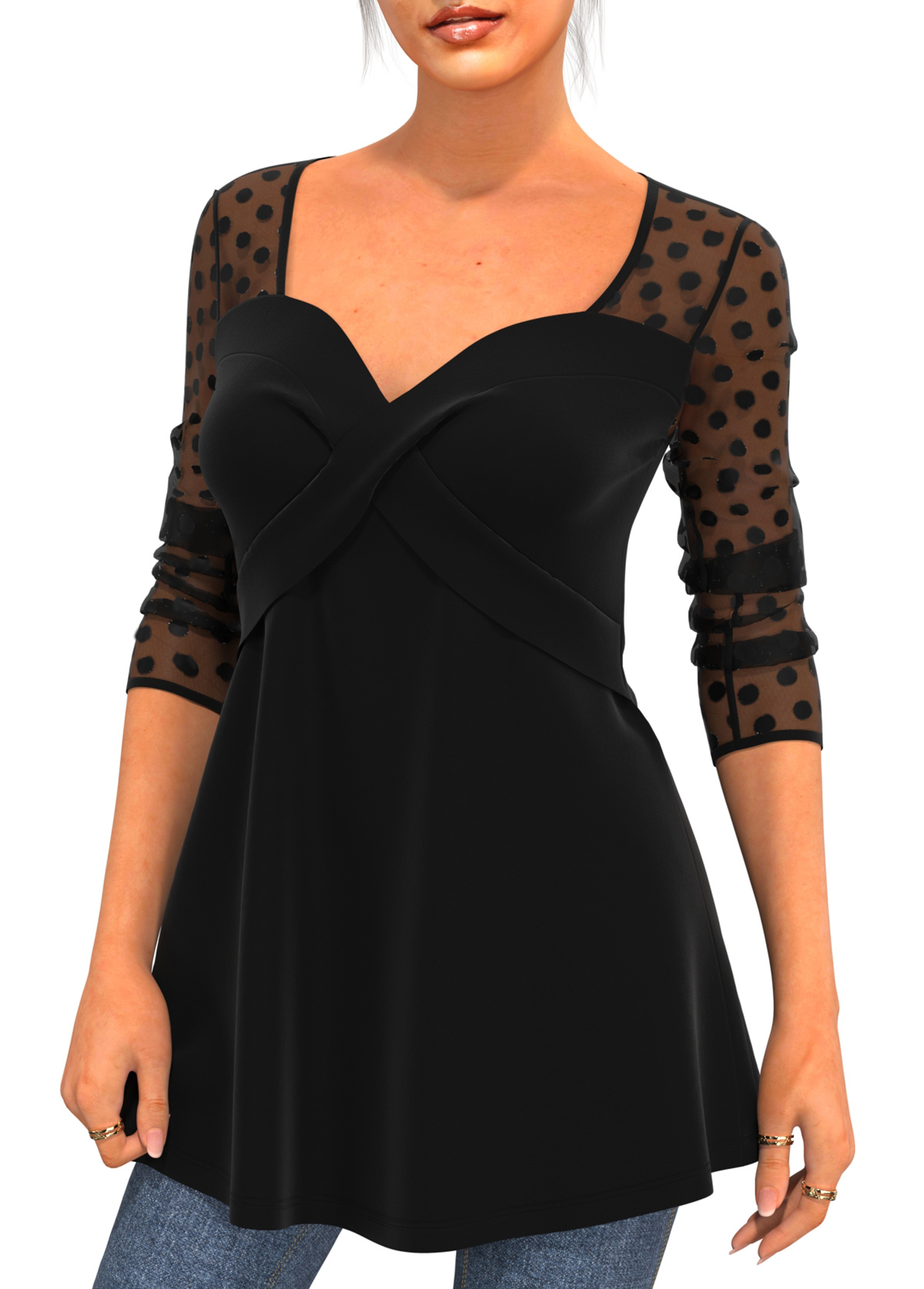 Black tops,Dot tops,ROTITA Valentines Black Polka Dot Mesh Stitching T Shirt