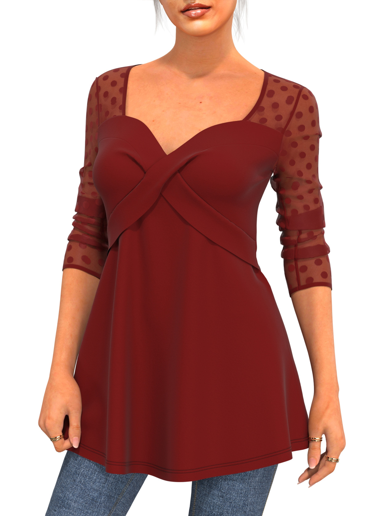 Wine Red tops,Dot tops,ROTITA Valentines Mesh Stitching Polka Dot Wine Red T Shirt