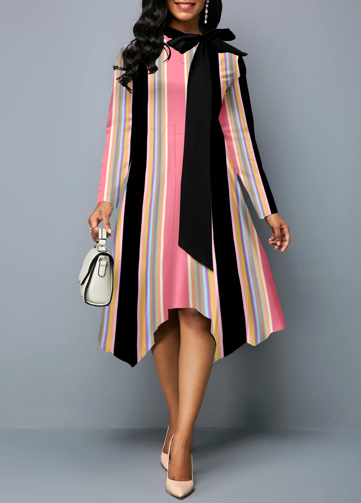 ROTITA Pink Bowknot Asymmetric Hem Stripe Print Dress
