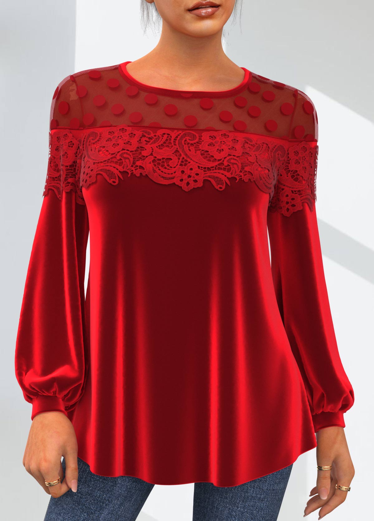 ROTITA Lace Velvet Stitching Red Valentines Round Neck T Shirt