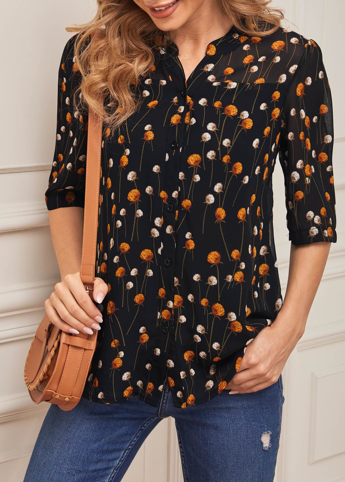 Black tops,Ditsy Floral tops,Floral Print Black Chiffon Split Neck Blouse