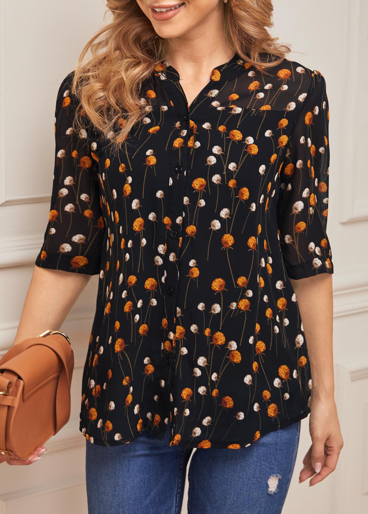 Black tops,Ditsy Floral tops,Floral Print Black Chiffon Split Neck Blouse