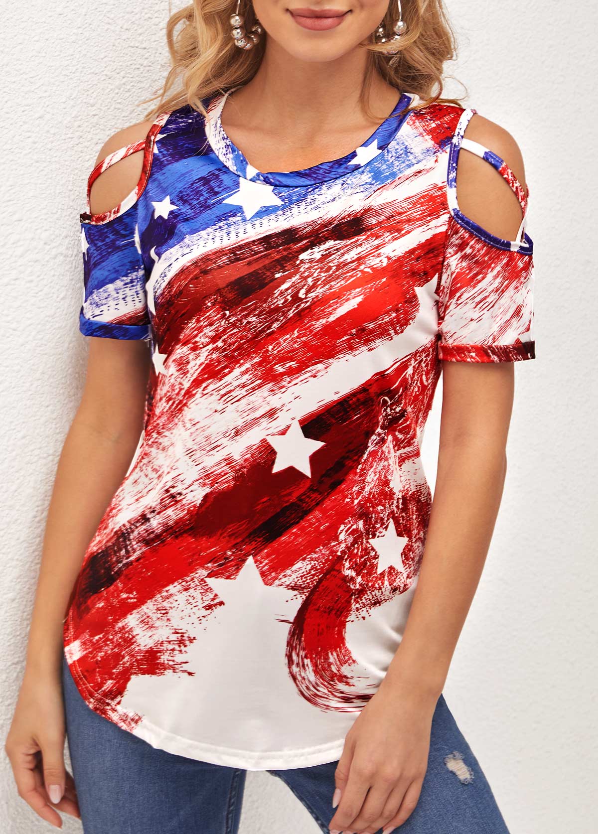 Multi Color tops,Flag tops,Multi Color Cold Shoulder American Flag T Shirt