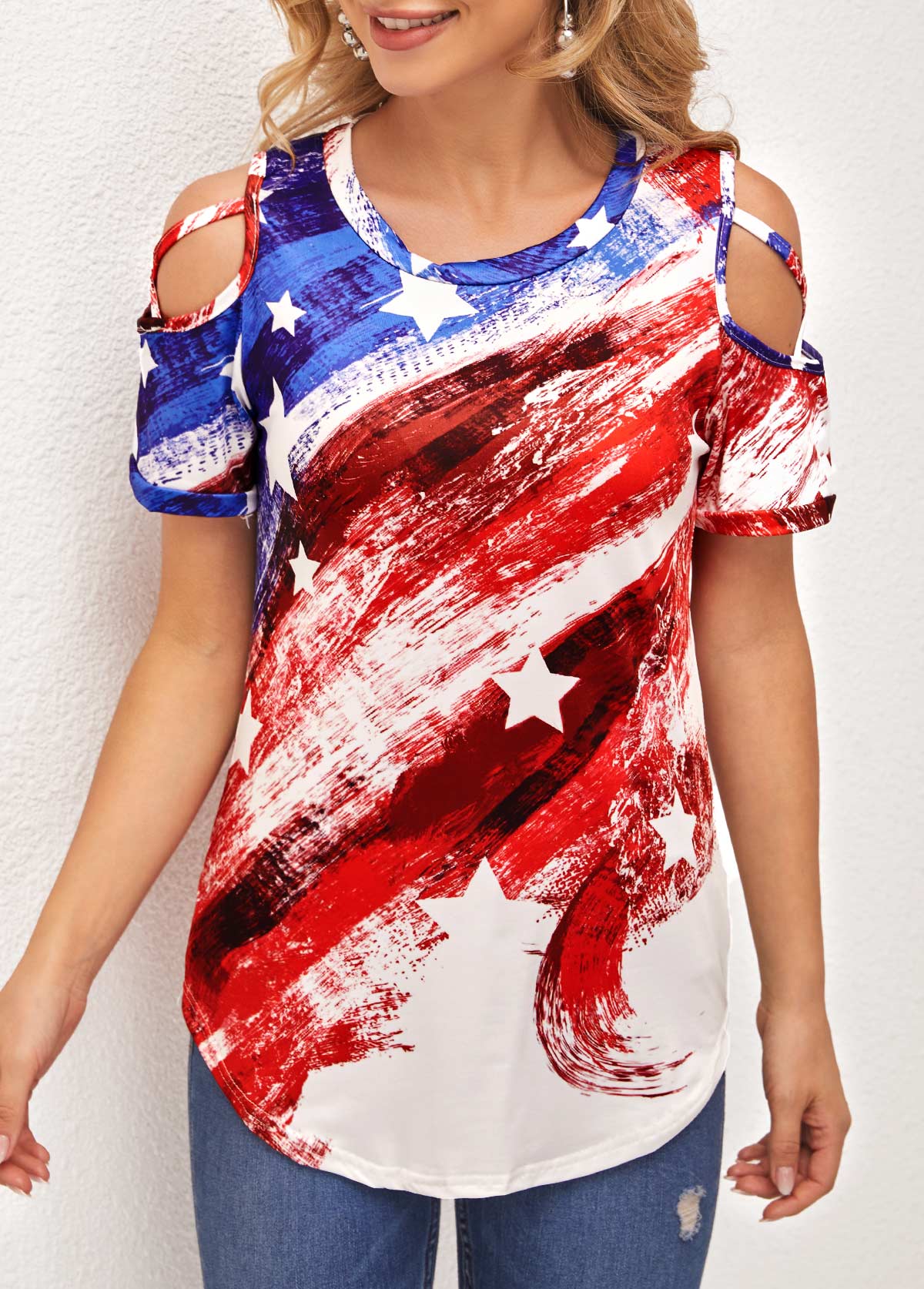 Multi Color tops,Flag tops,Multi Color Cold Shoulder American Flag T Shirt