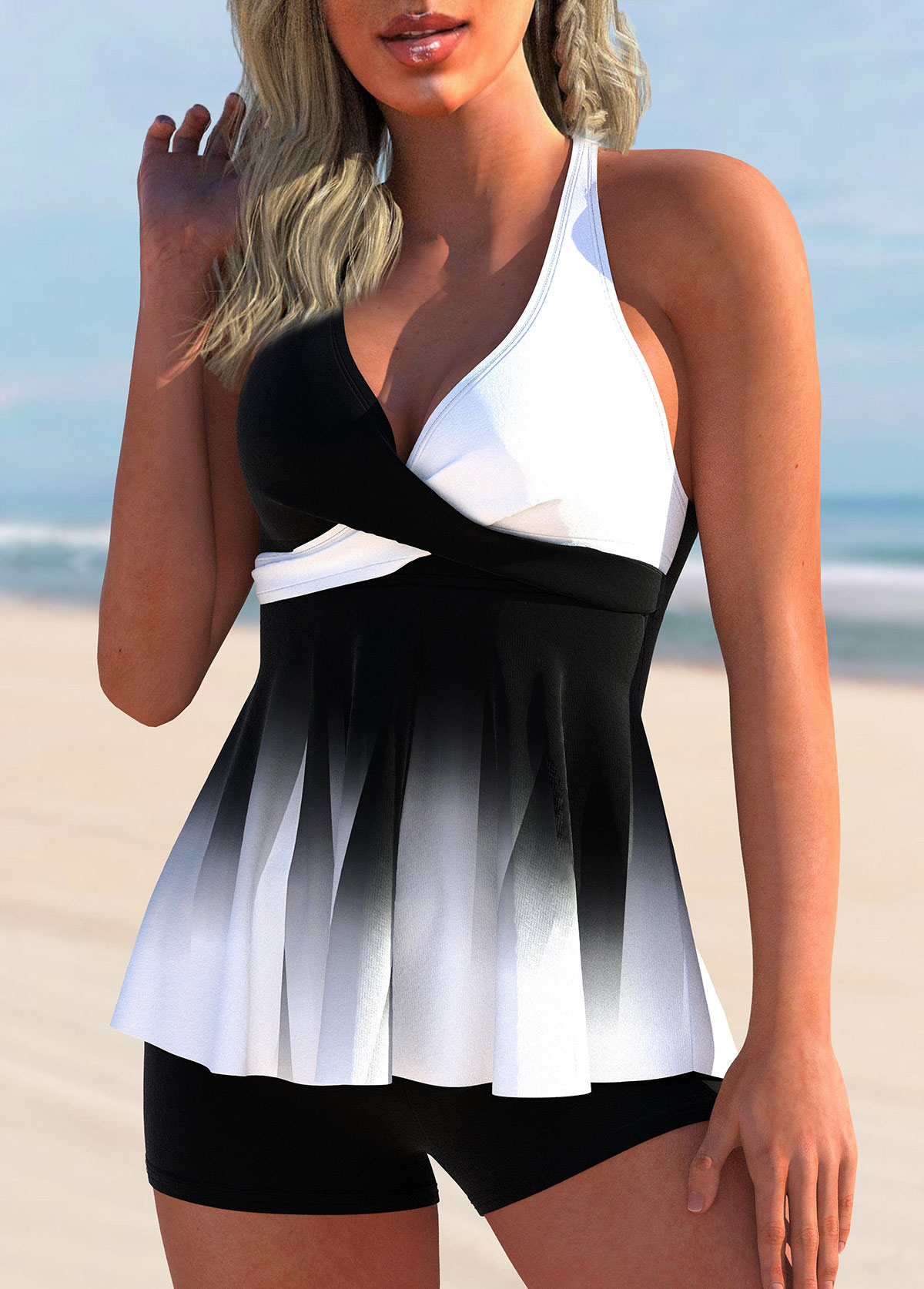 Multi Color swimwear,Ombre swimwear,ROTITA Ombre Color Block Cross Front Tankini Top