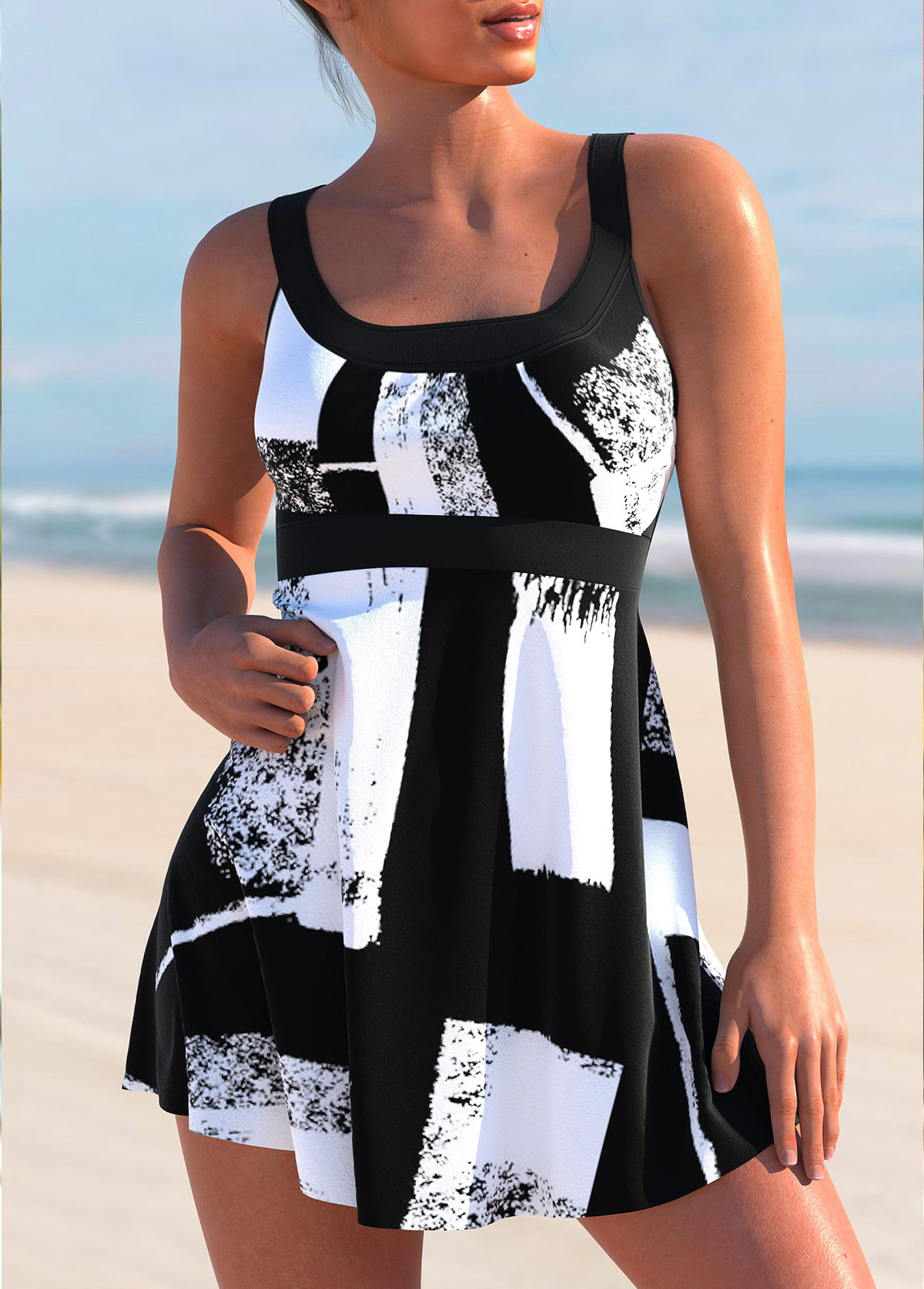 Rotita-Badekleid-Oberteil mit geometrischem Print in Schwarz mit überkreuzten Trägern-Kein Boden