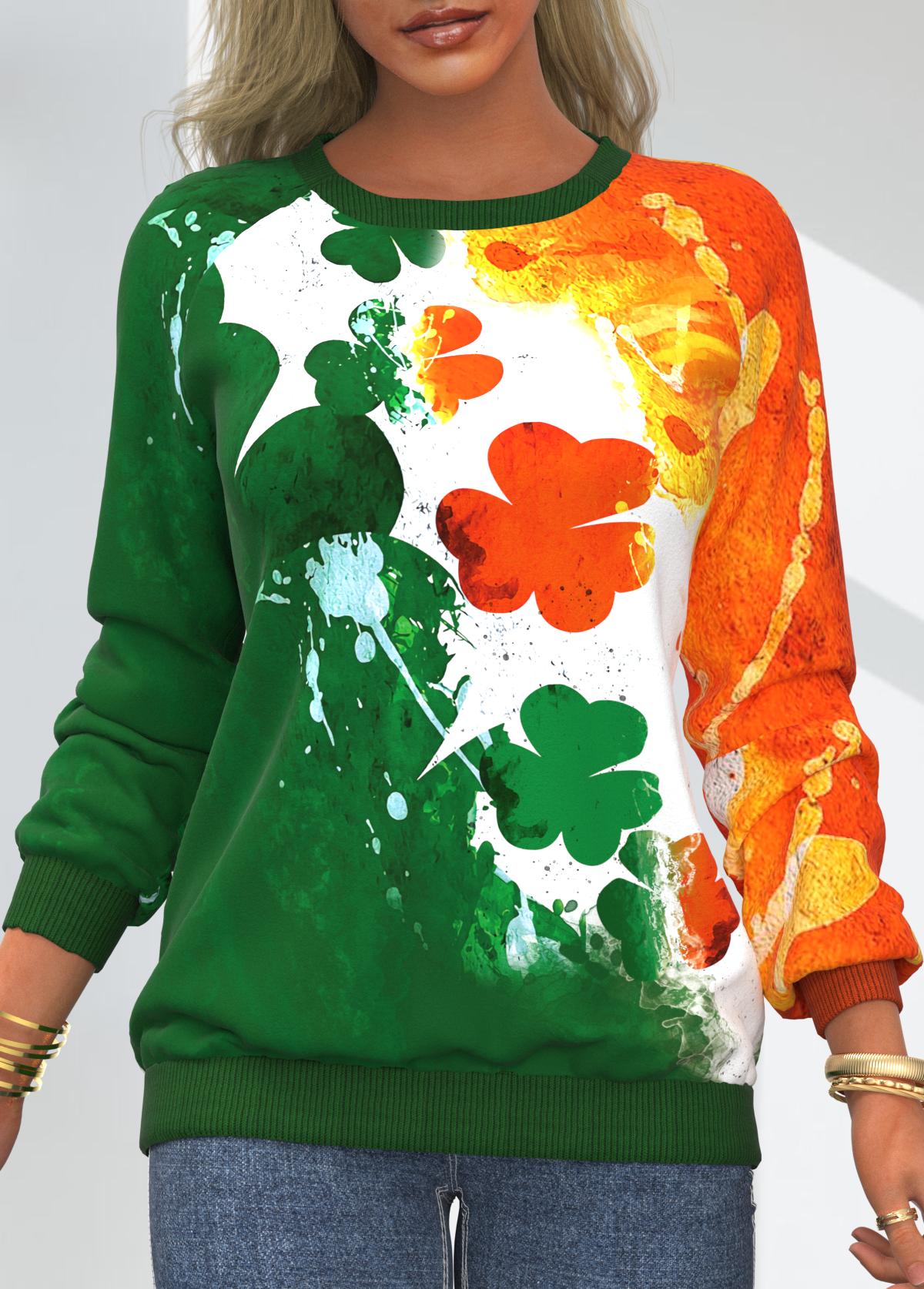 ROTITA Four Leaf Clover Patricks Day Color Block Sweatshirt