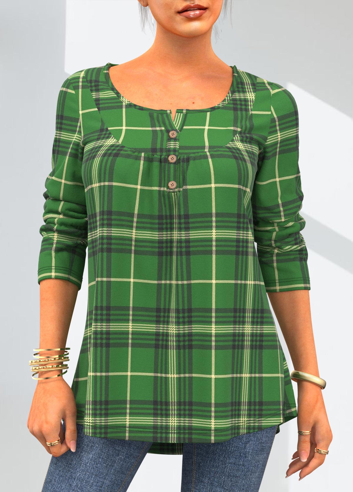 ROTITA Green Patricks Day Button Detail Plaid T Shirt