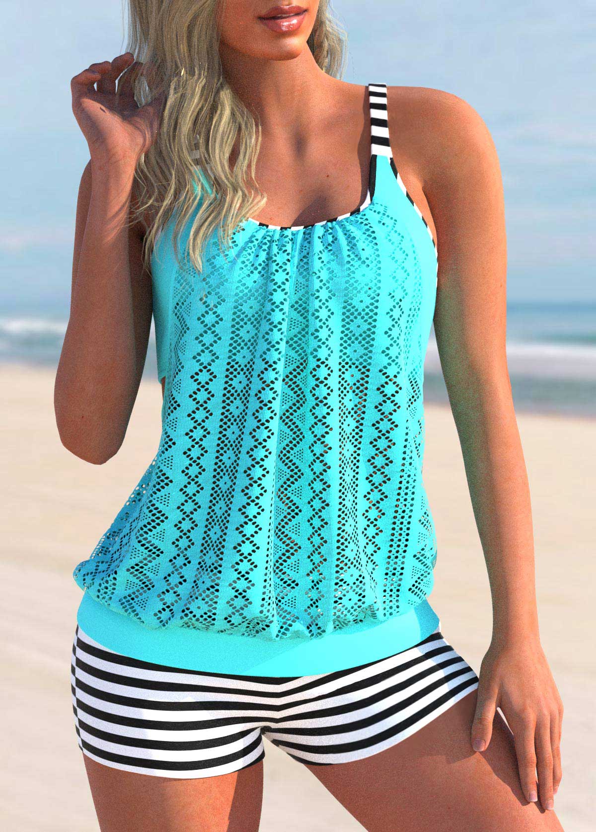 Cyan swimwear,Striped swimwear,ROTITA Striped Lace Stitching Cyan Tankini Set