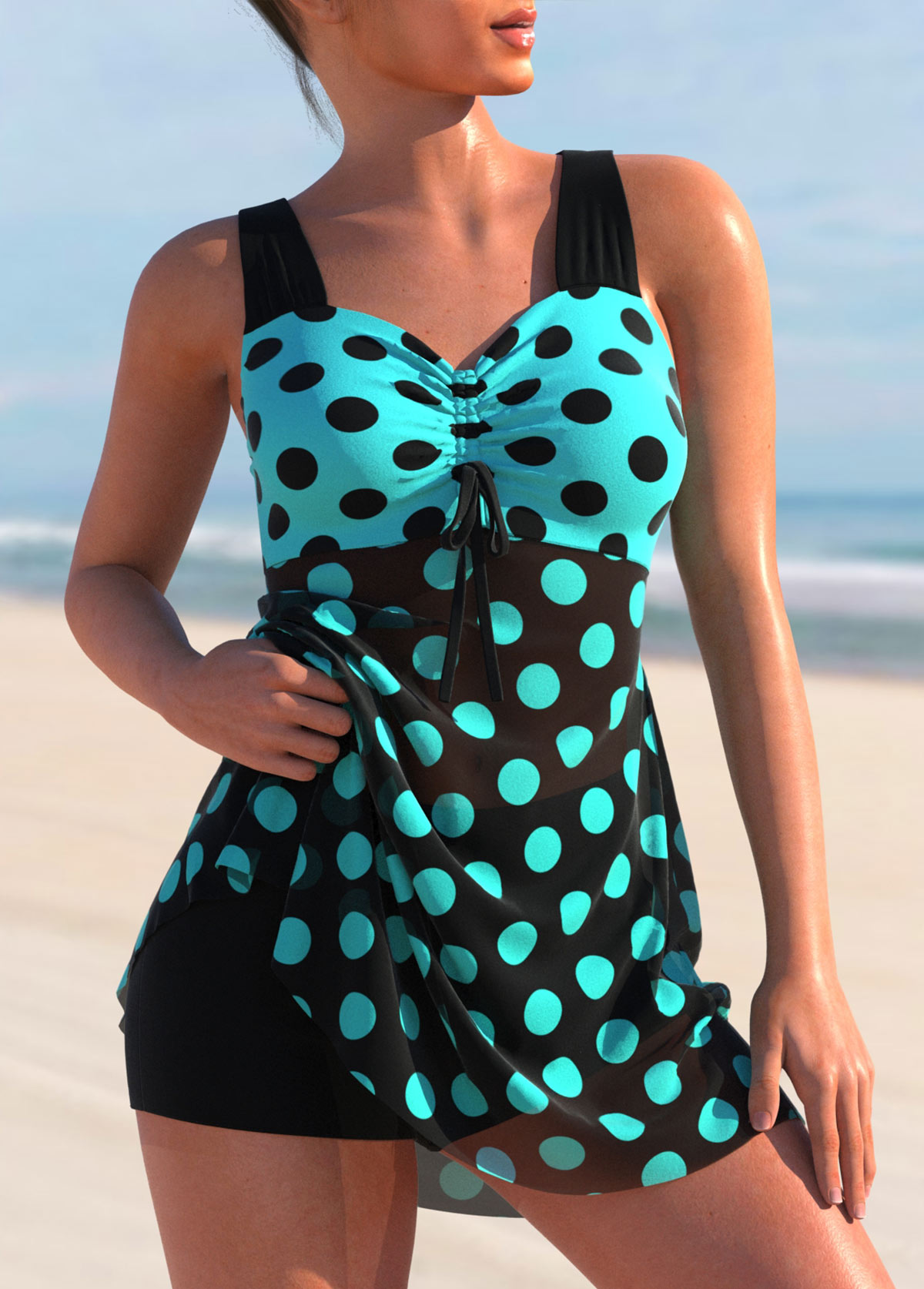 Cyan swimwear,Dot swimwear,ROTITA Cyan Polka Dot Cross Strap Swimdress Top