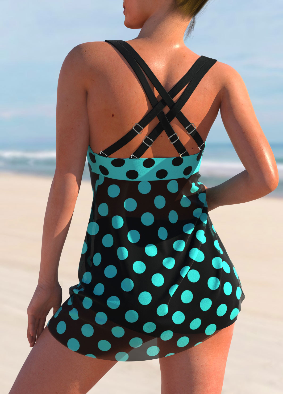 Cyan swimwear,Dot swimwear,ROTITA Cyan Polka Dot Cross Strap Swimdress Top