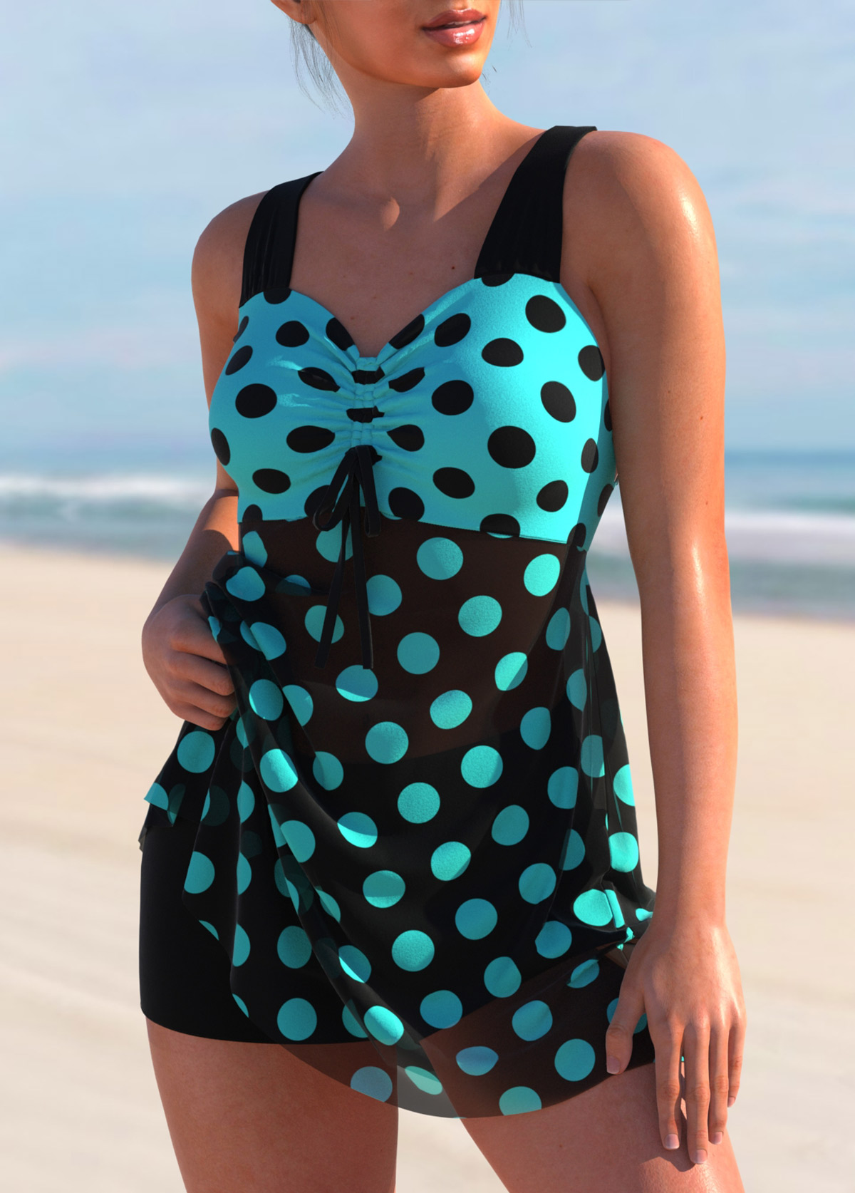Cyan swimwear,Dot swimwear,ROTITA Cyan Polka Dot Cross Strap Swimdress Top