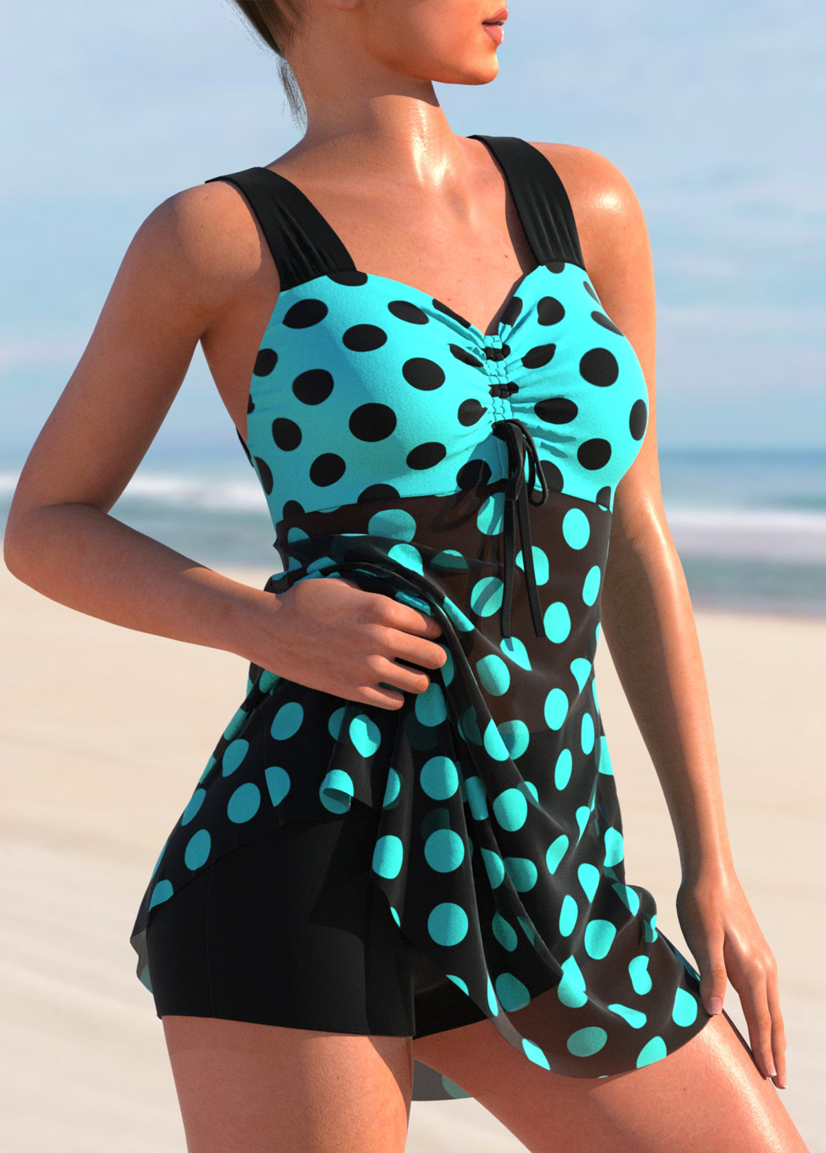 Cyan swimwear,Dot swimwear,ROTITA Cyan Polka Dot Cross Strap Swimdress Top