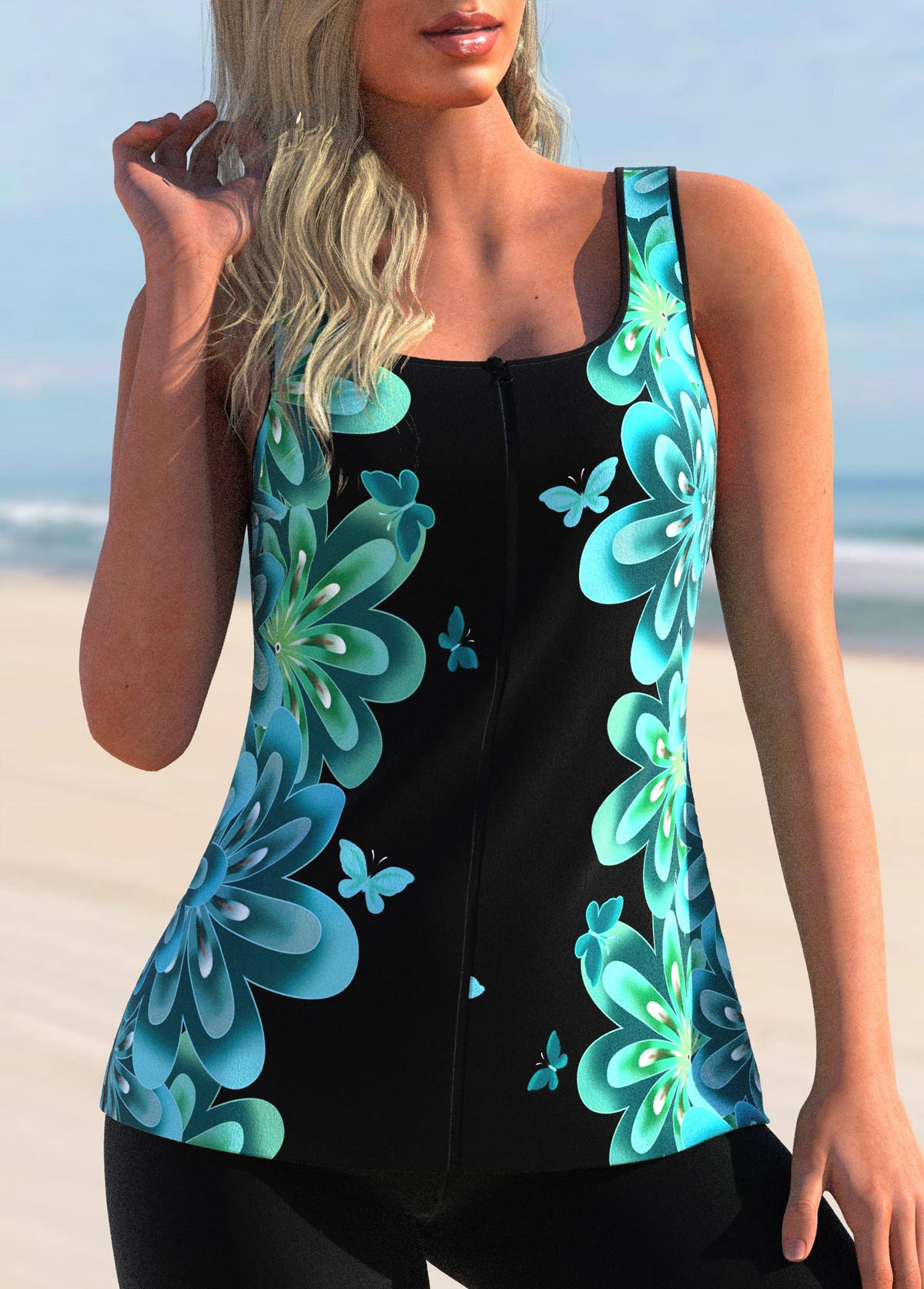 Cyan swimwear,Animal Print swimwear,ROTITA Cyan Butterfly Print Wide Strap Tankini Top
