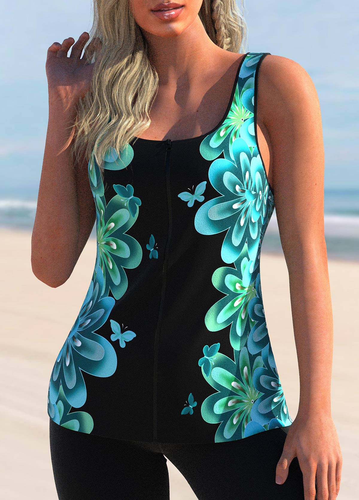Cyan swimwear,Animal Print swimwear,ROTITA Cyan Butterfly Print Wide Strap Tankini Top